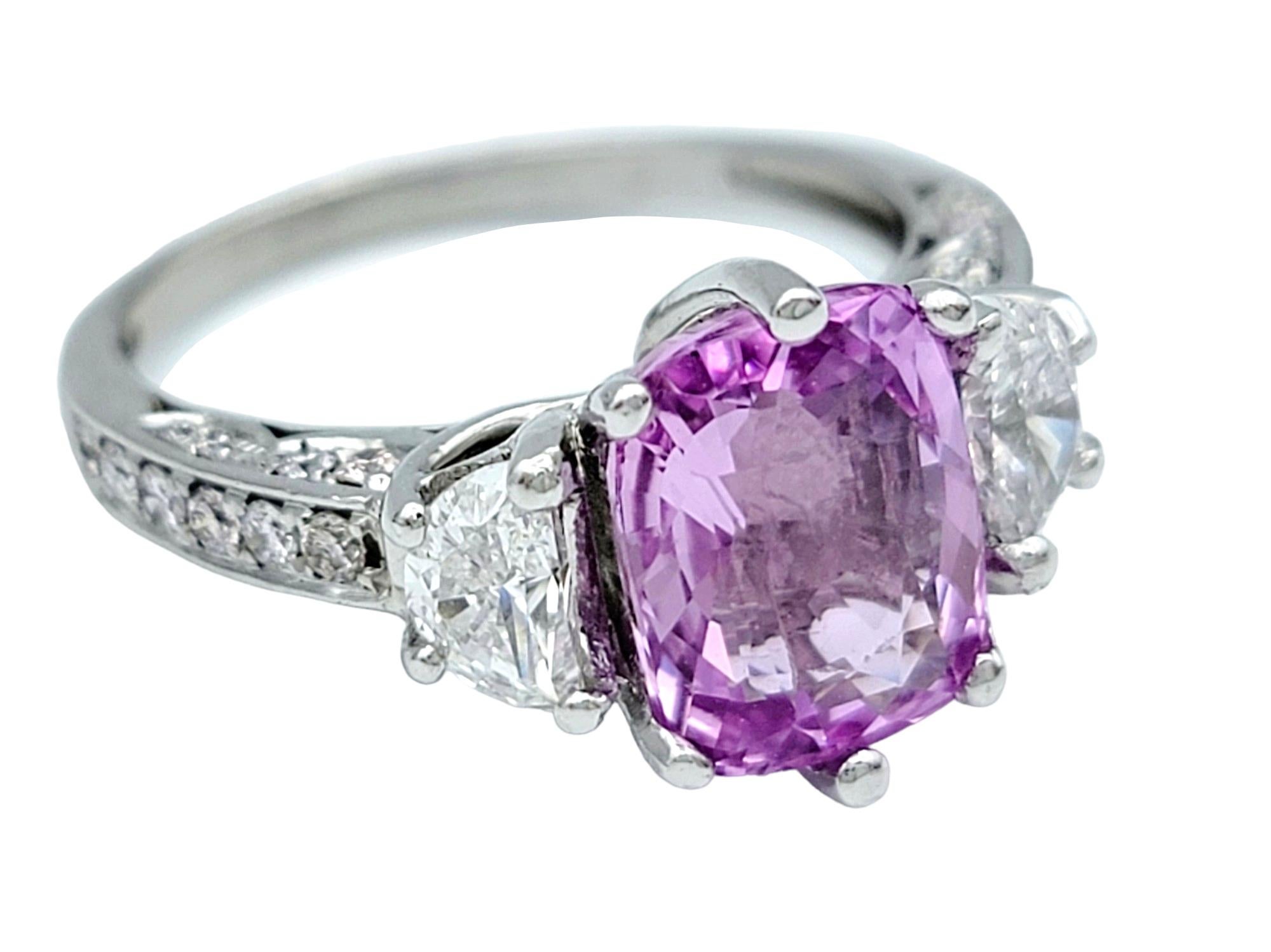 Cushion Pink Sapphire and Half Moon Diamond Three-Stone Ring Set in Platinum In Good Condition For Sale In Scottsdale, AZ