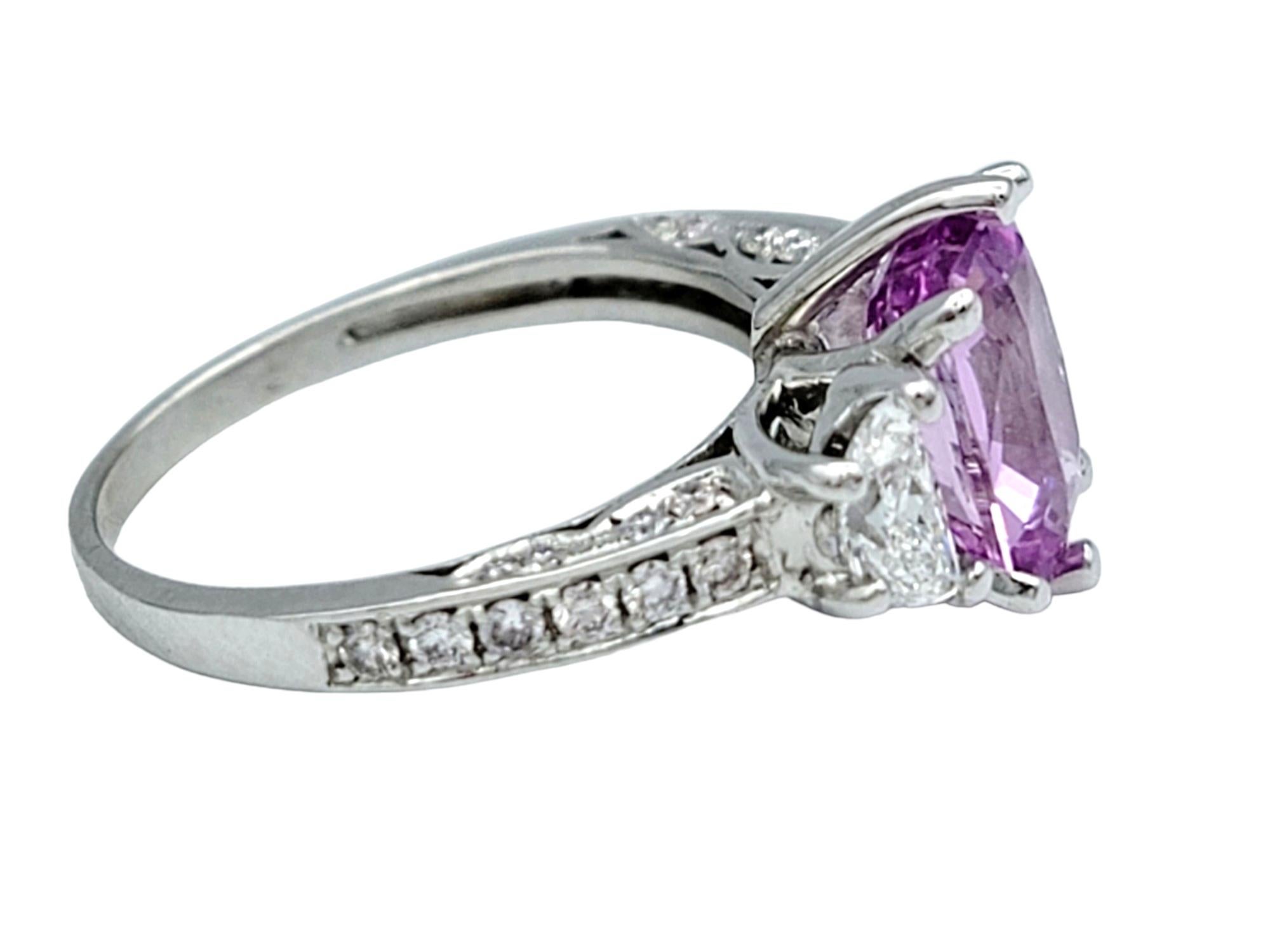 Women's Cushion Pink Sapphire and Half Moon Diamond Three-Stone Ring Set in Platinum For Sale