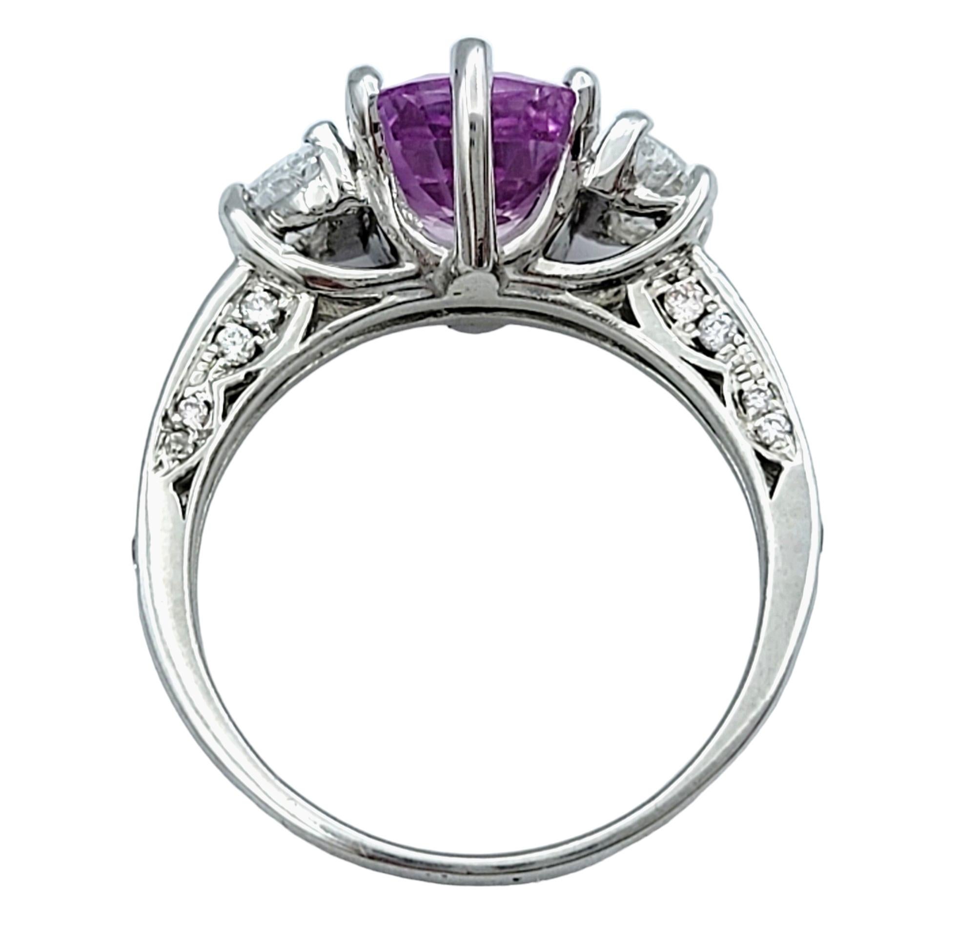 Cushion Pink Sapphire and Half Moon Diamond Three-Stone Ring Set in Platinum For Sale 1