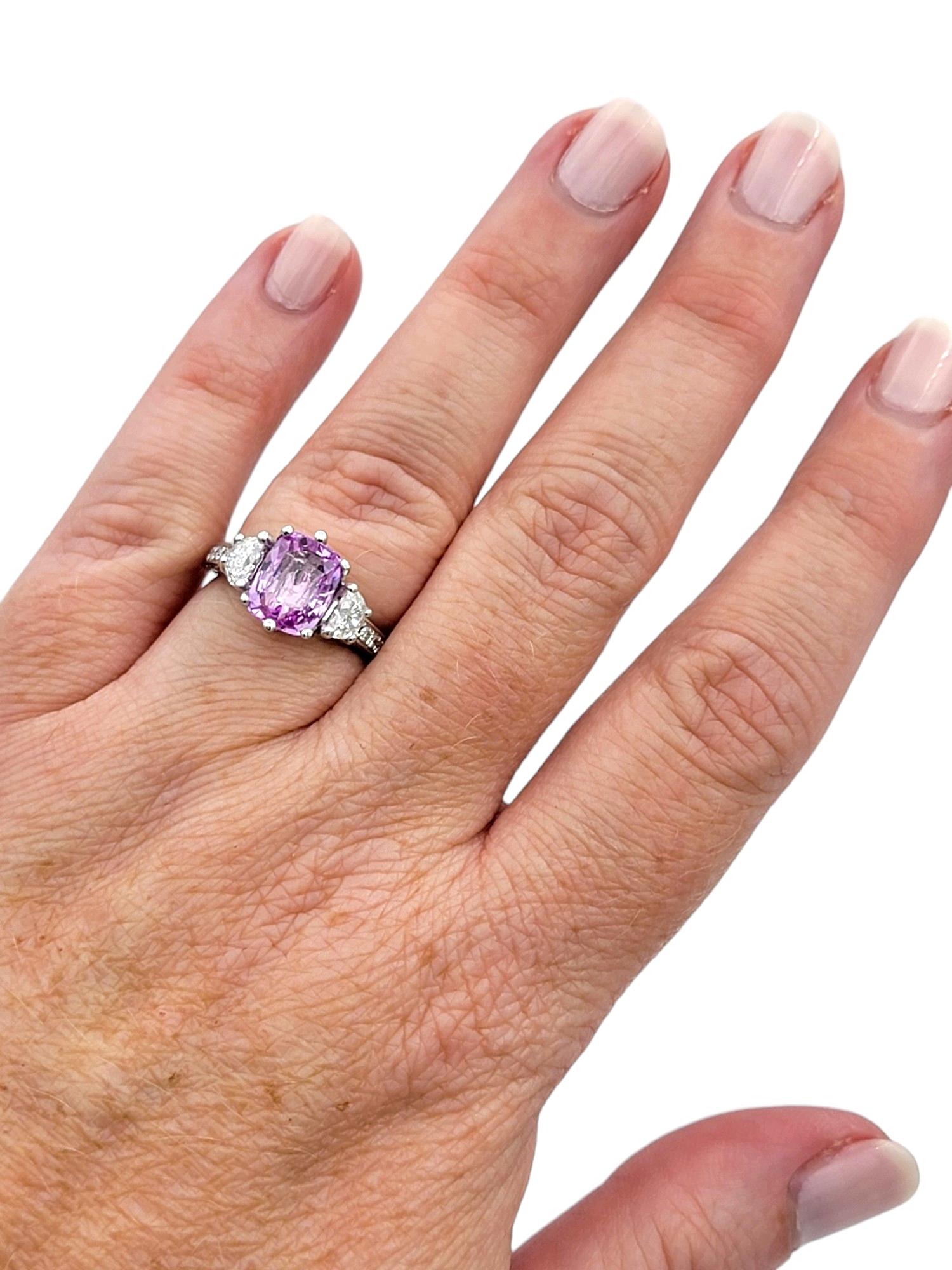 Cushion Pink Sapphire and Half Moon Diamond Three-Stone Ring Set in Platinum For Sale 2