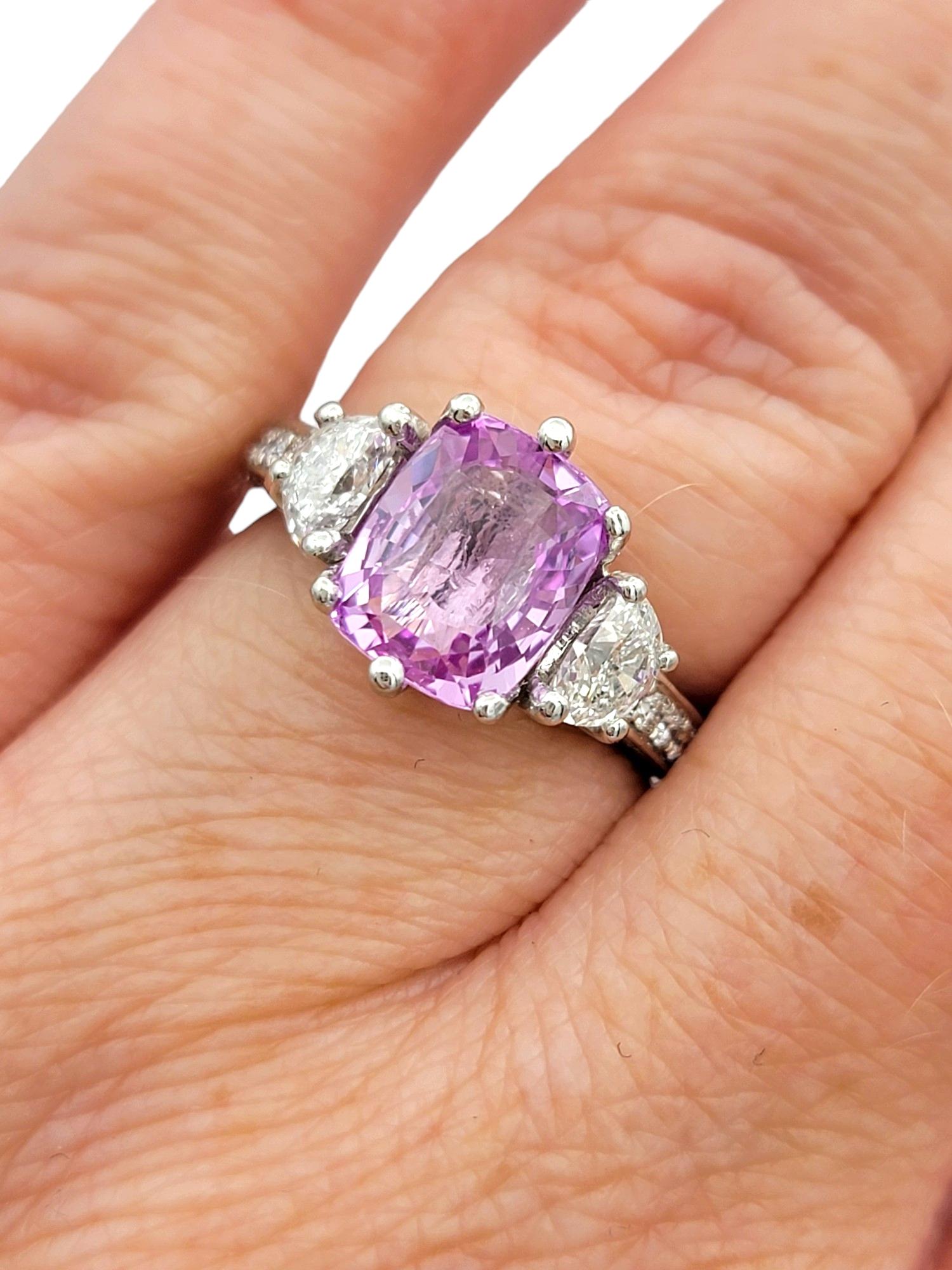 Cushion Pink Sapphire and Half Moon Diamond Three-Stone Ring Set in Platinum For Sale 3