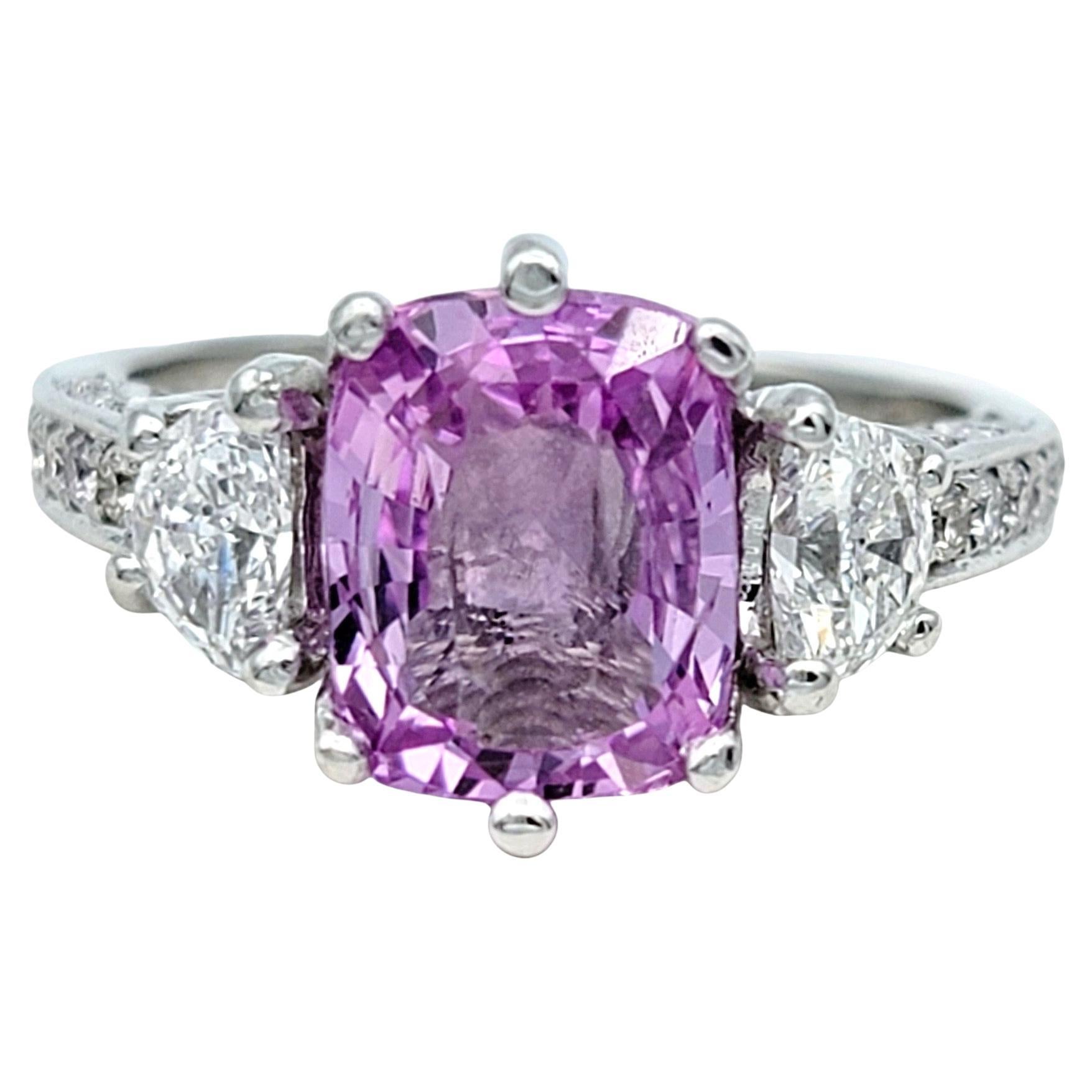 Cushion Pink Sapphire and Half Moon Diamond Three-Stone Ring Set in Platinum For Sale