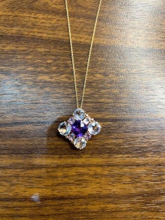 Cushion Purple Amethyst White Light Blue Gemstone 14K Rose Gold Pendant Necklace