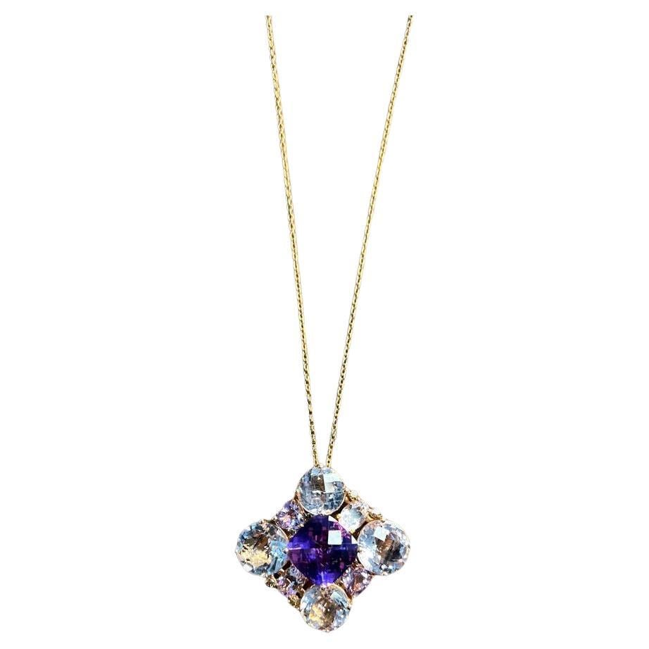 Collar colgante de oro rosa de 14 quilates con amatista blanca celeste púrpura en cojín
