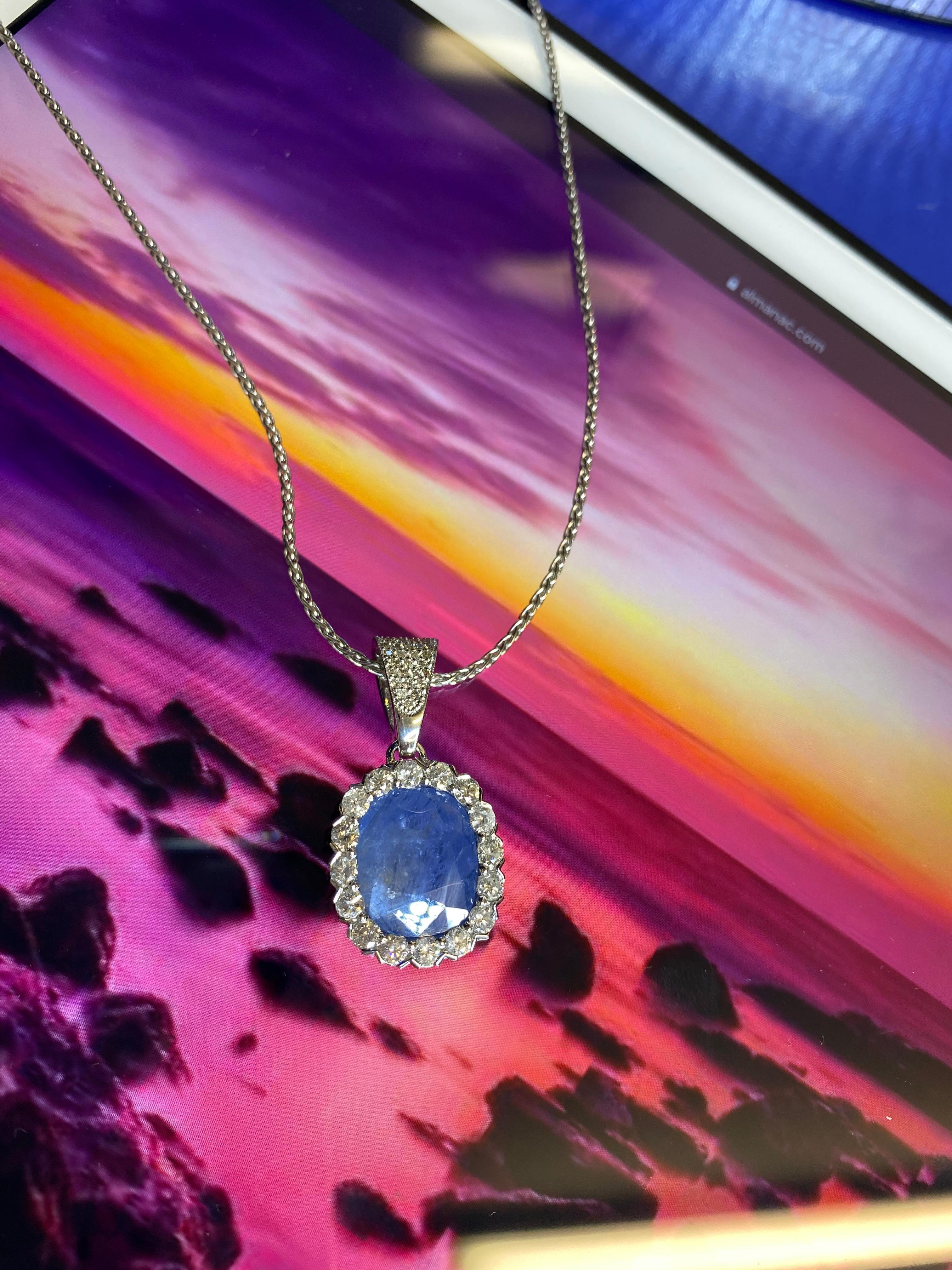 Cushion Purple Blue Sapphire Diamond Halo 18 Karat White Gold Pendant Necklace For Sale 5