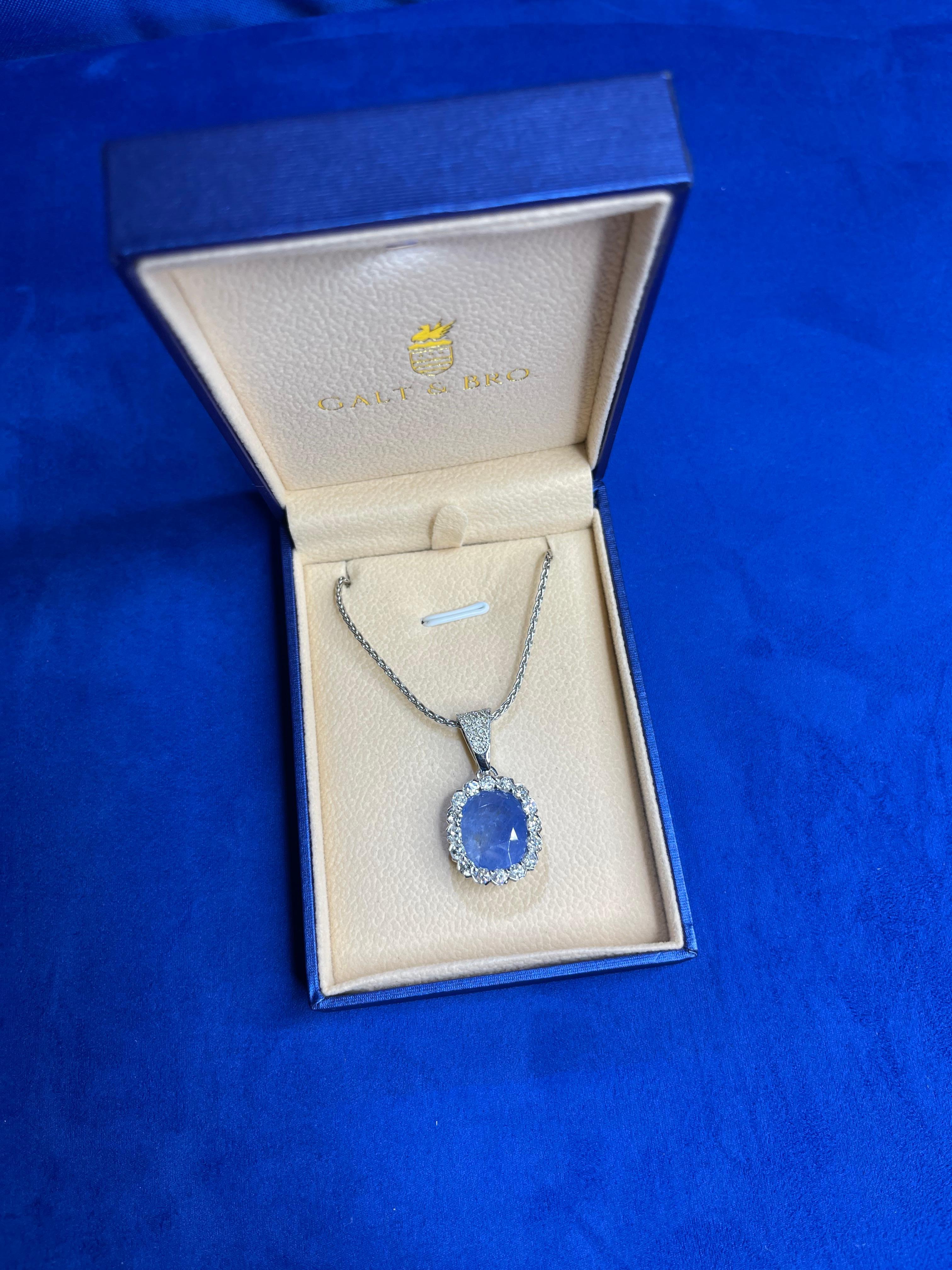 Cushion Cut Cushion Purple Blue Sapphire Diamond Halo 18 Karat White Gold Pendant Necklace For Sale