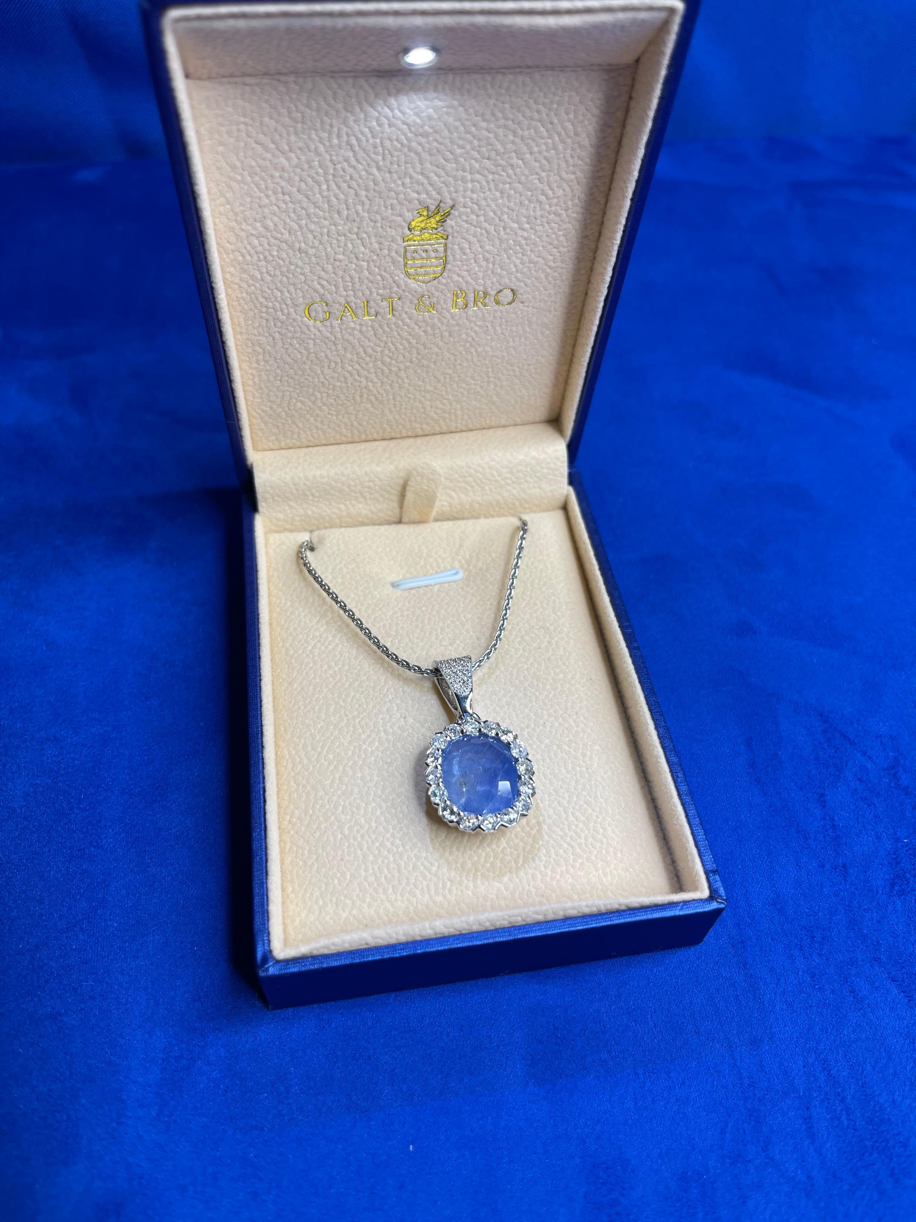 Women's or Men's Cushion Purple Blue Sapphire Diamond Halo 18 Karat White Gold Pendant Necklace For Sale