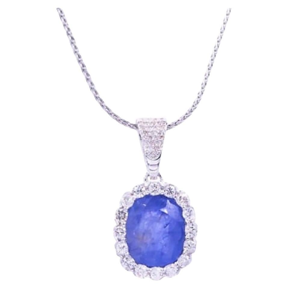 Cushion Purple Blue Sapphire Diamond Halo 18 Karat White Gold Pendant Necklace For Sale