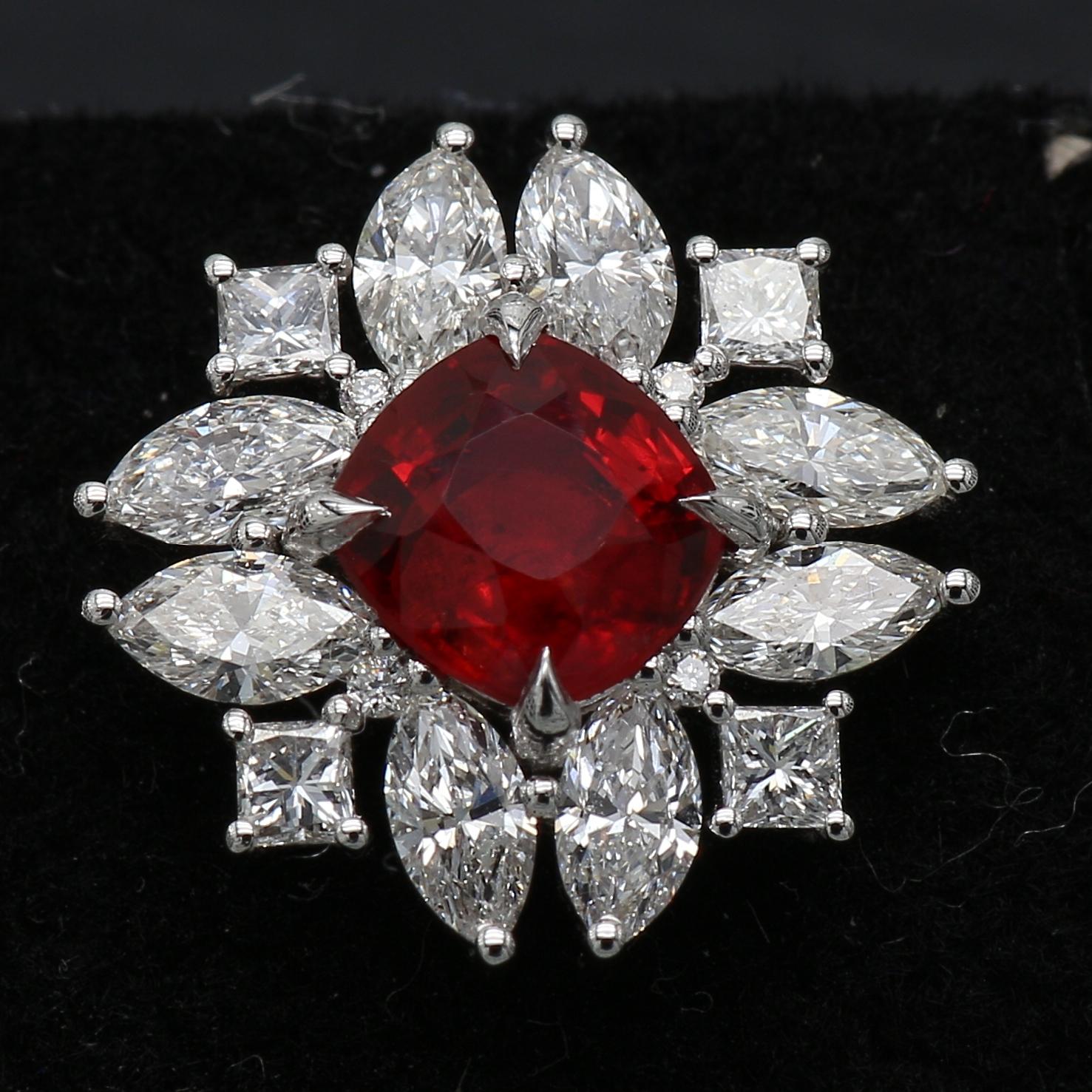 Cushion Red Spinel & Marquise, Princess Shape Natural Diamond Ear Studs In New Condition For Sale In Ramat Gan, IL