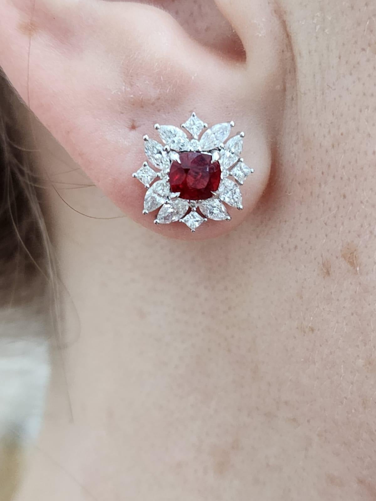 Cushion Red Spinel & Marquise, Princess Shape Natural Diamond Ear Studs For Sale 2