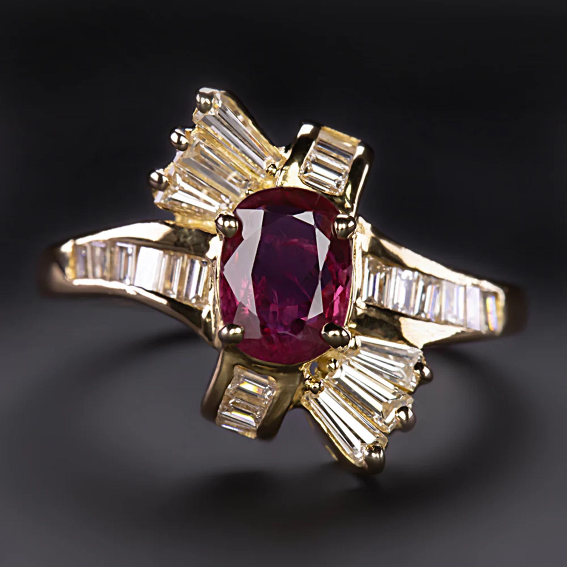 This ruby and diamond cocktail ring features a rich red ruby set at the center of a sweeping, diamond studded bypass design
Highlights:
- 0.90ct natural ruby center with fantastic rich, red color
- High quality ruby with great clarity and very rich