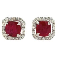 Cushion Ruby and Diamond Gold Vintage Stud Earrings Estate Fine Jewelry