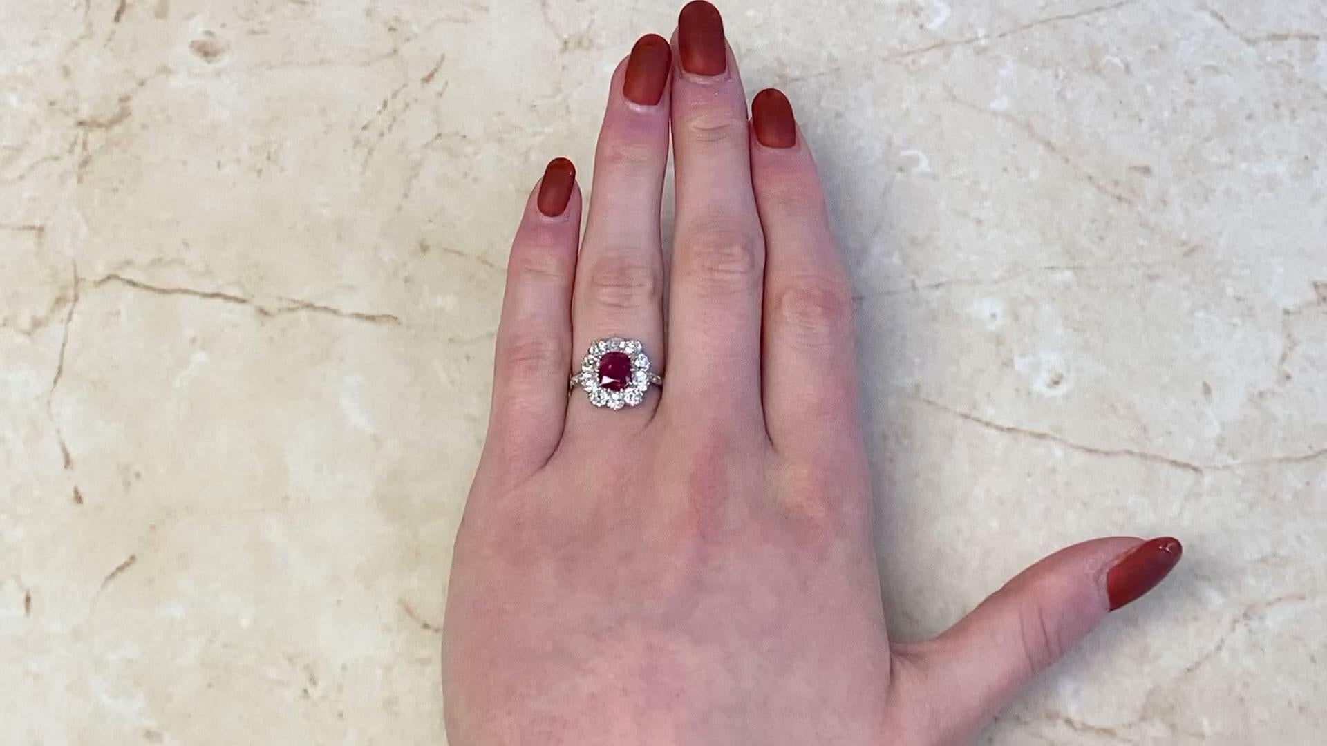 Art Deco Cushion Cut Ruby Ring (AGL Approx. 1.4-Carats), Unheated, Diamond Halo, Platinum For Sale