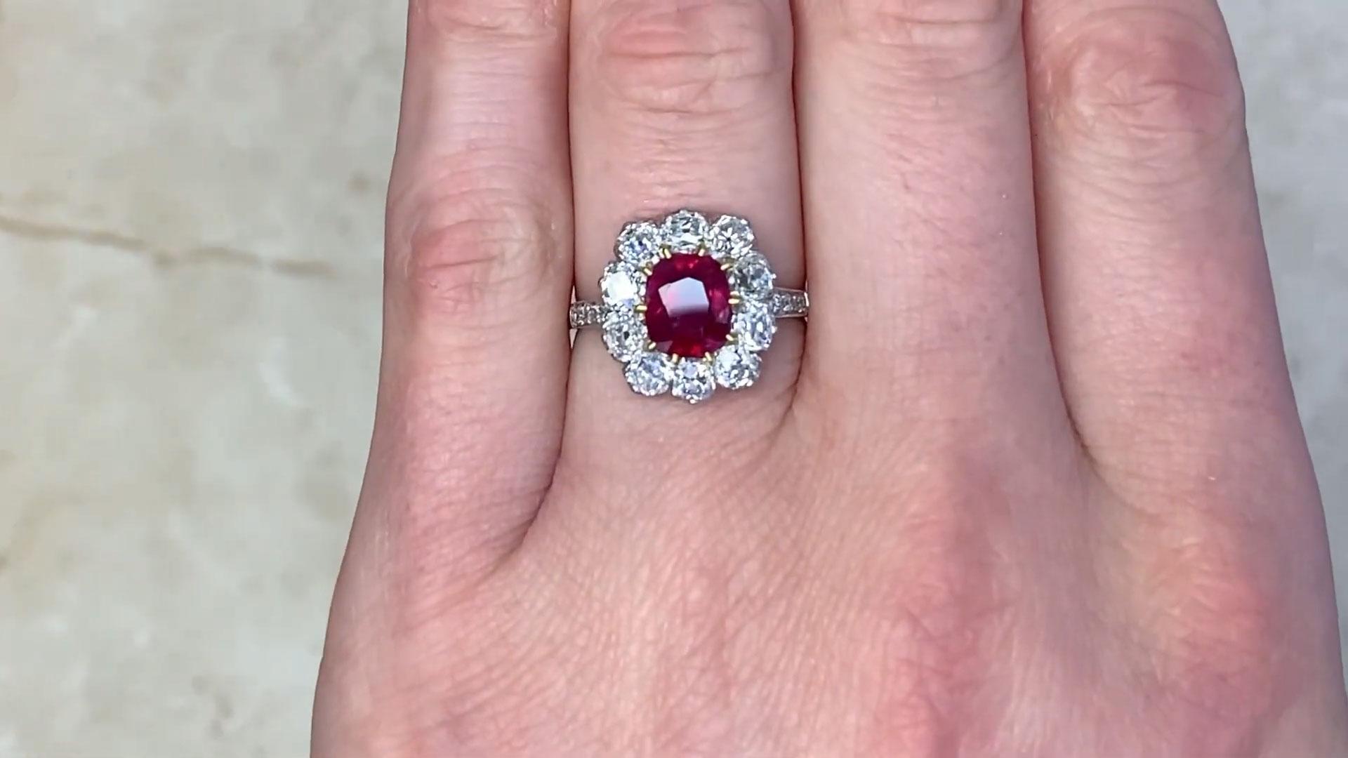 Cushion Cut Ruby Ring (AGL Approx. 1.4-Carats), Unheated, Diamond Halo, Platinum In Excellent Condition For Sale In New York, NY