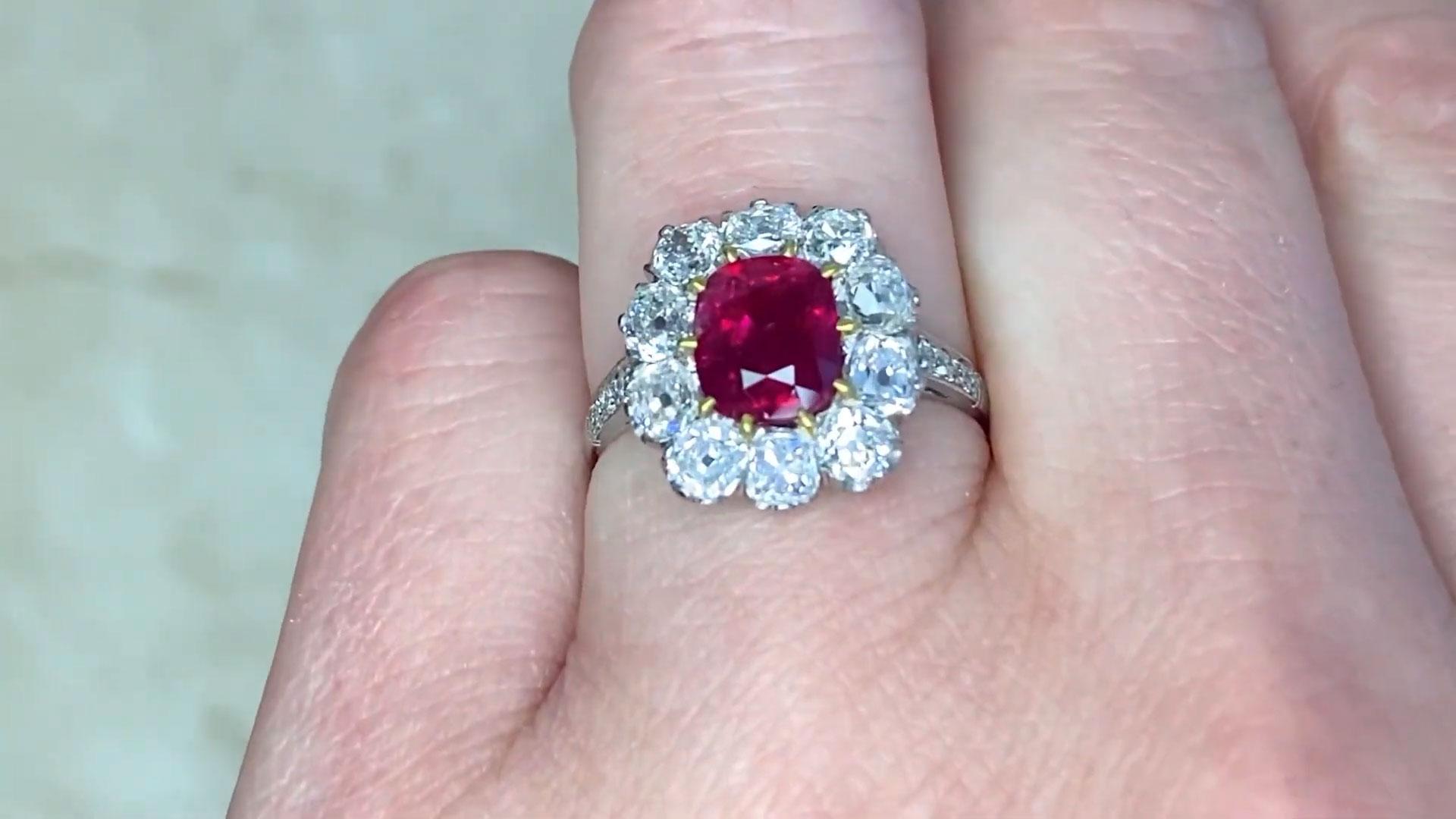 Women's Cushion Cut Ruby Ring (AGL Approx. 1.4-Carats), Unheated, Diamond Halo, Platinum For Sale