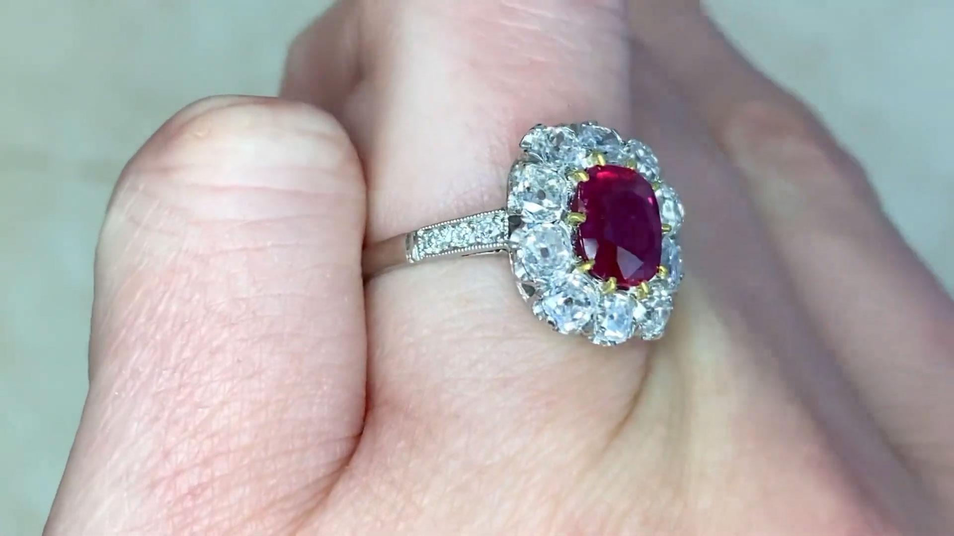 Cushion Cut Ruby Ring (AGL Approx. 1.4-Carats), Unheated, Diamond Halo, Platinum For Sale 1