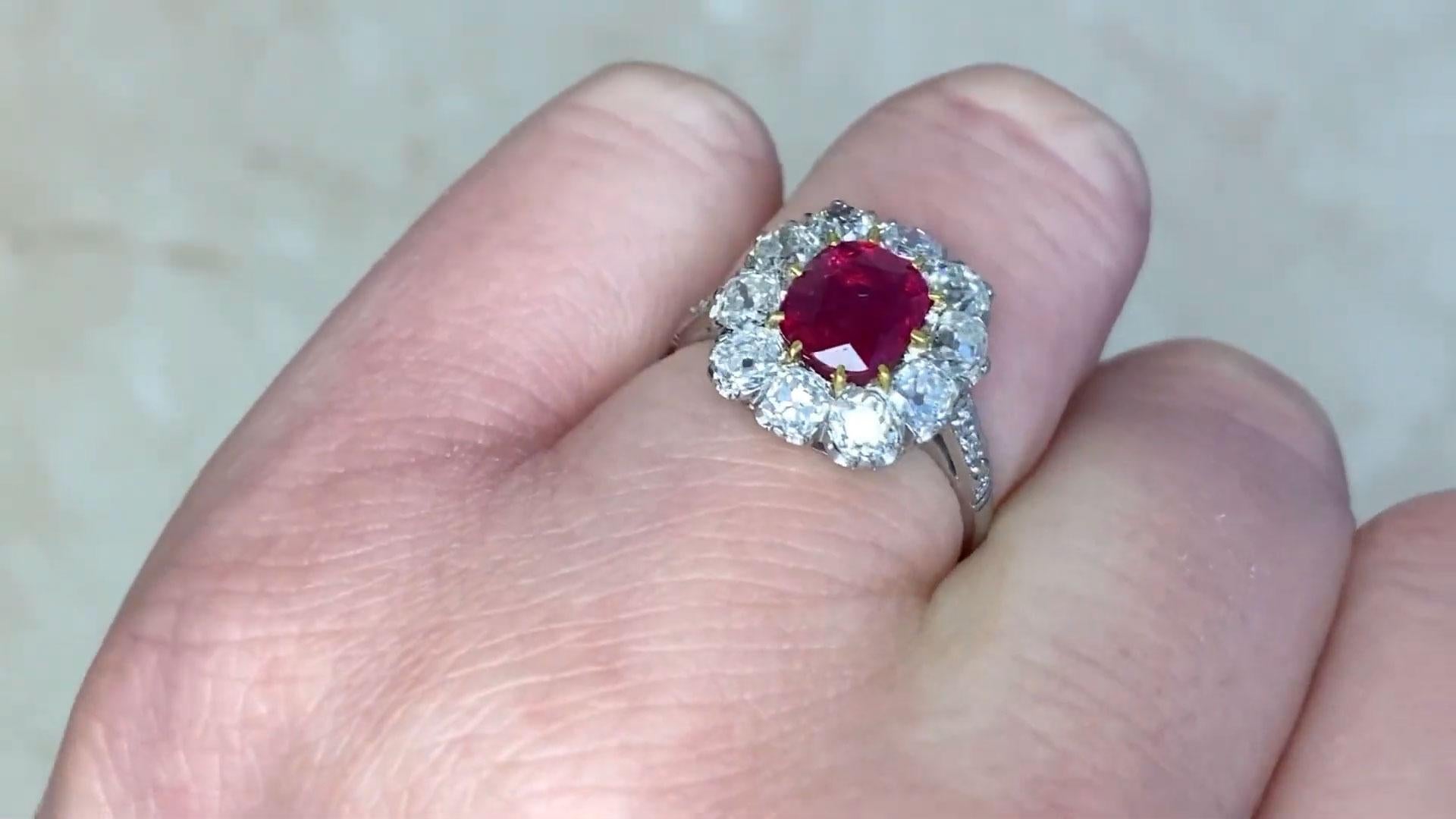 Cushion Cut Ruby Ring (AGL Approx. 1.4-Carats), Unheated, Diamond Halo, Platinum For Sale 3