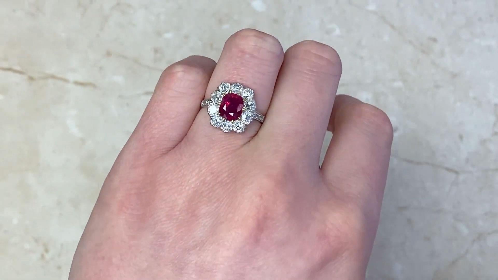 Cushion Cut Ruby Ring (AGL Approx. 1.4-Carats), Unheated, Diamond Halo, Platinum For Sale 4