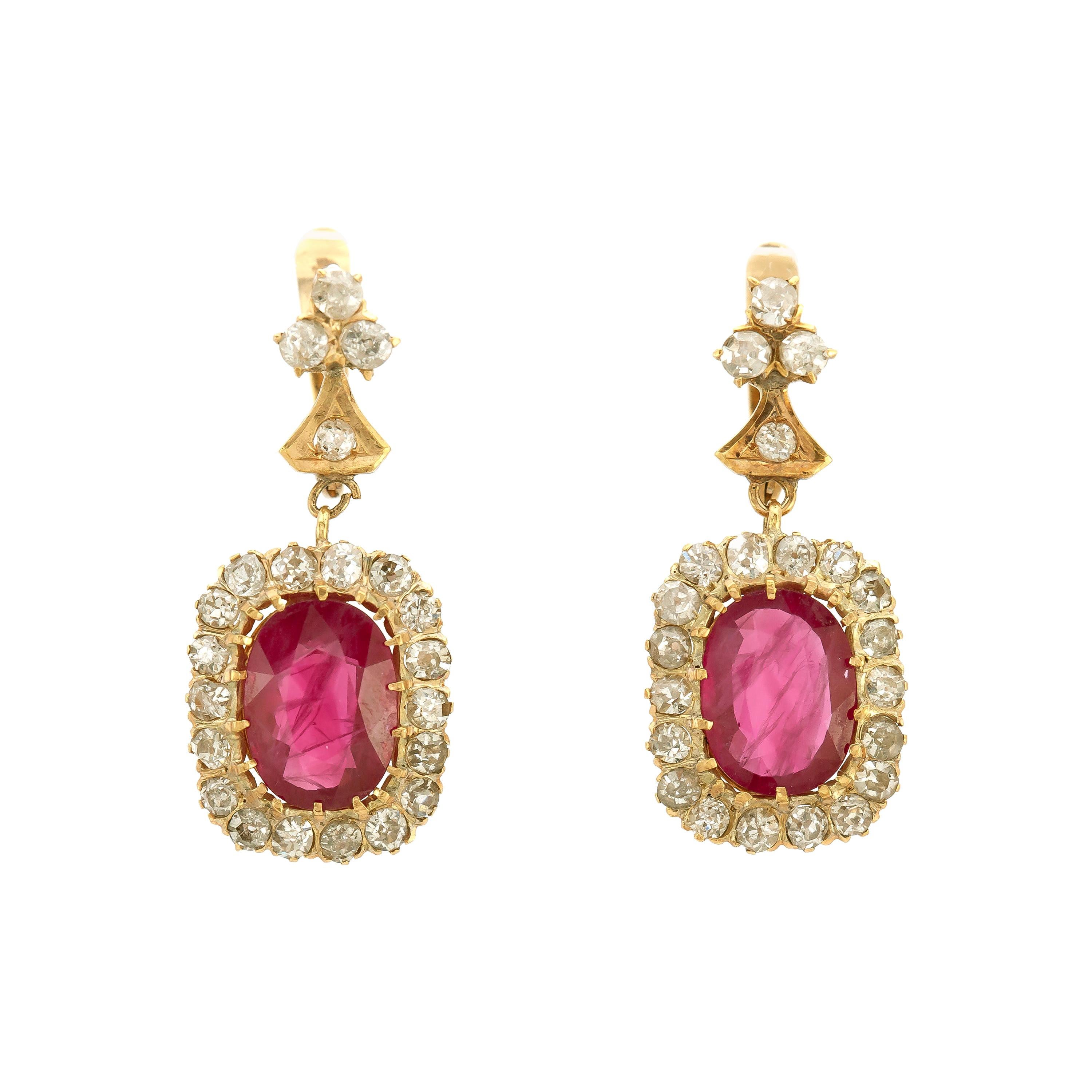 6.19 Carat Cushion Rubies with Diamonds Drop Earrings For Sale