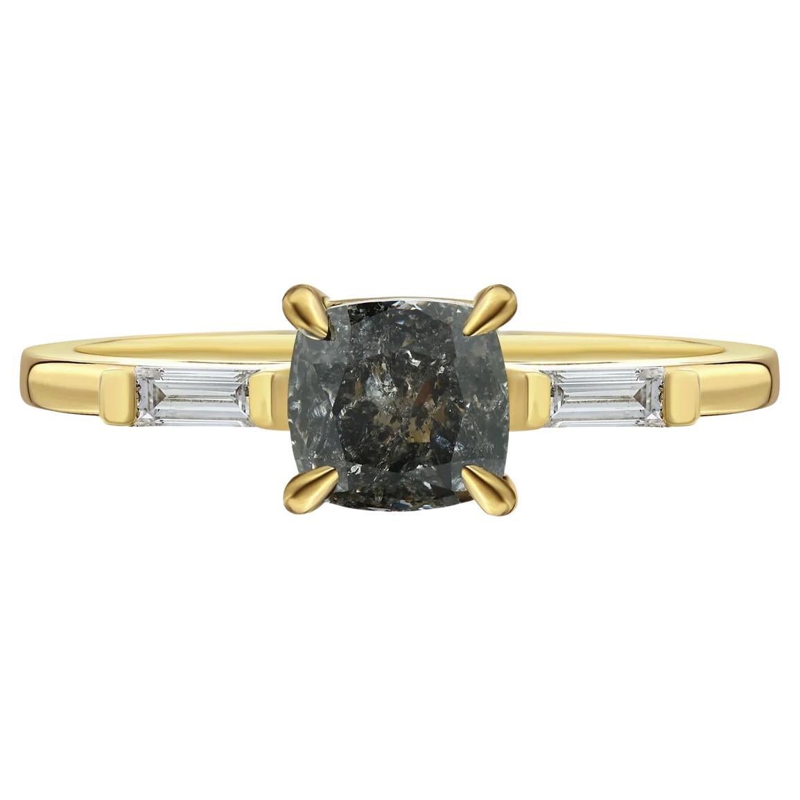Cushion Salt-and-Pepper Diamond Art Deco Yellow Gold Ring, 1.33 Carat For Sale