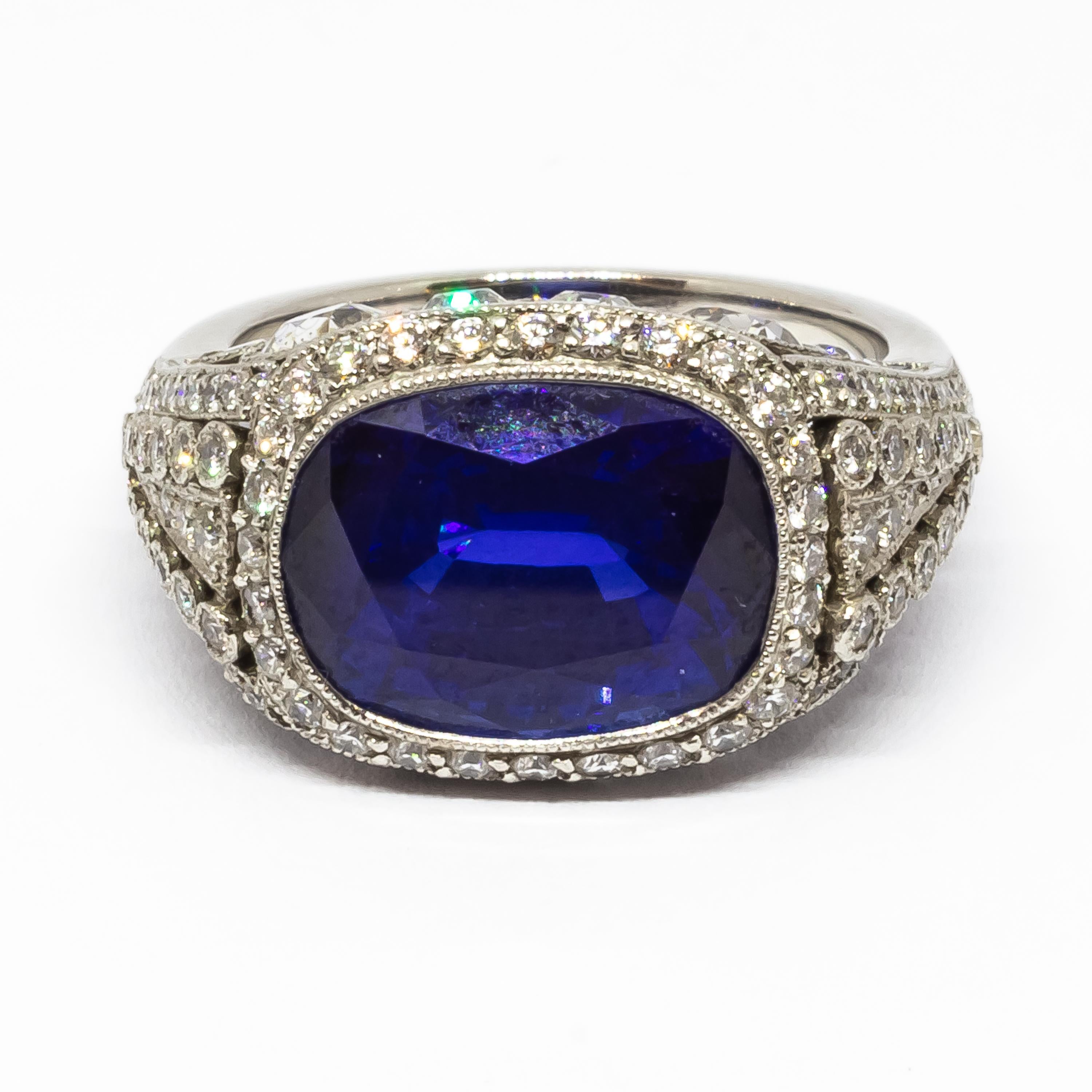 Cushion Sapphire 8.64 Carat and Diamond Platinum Ring For Sale 4