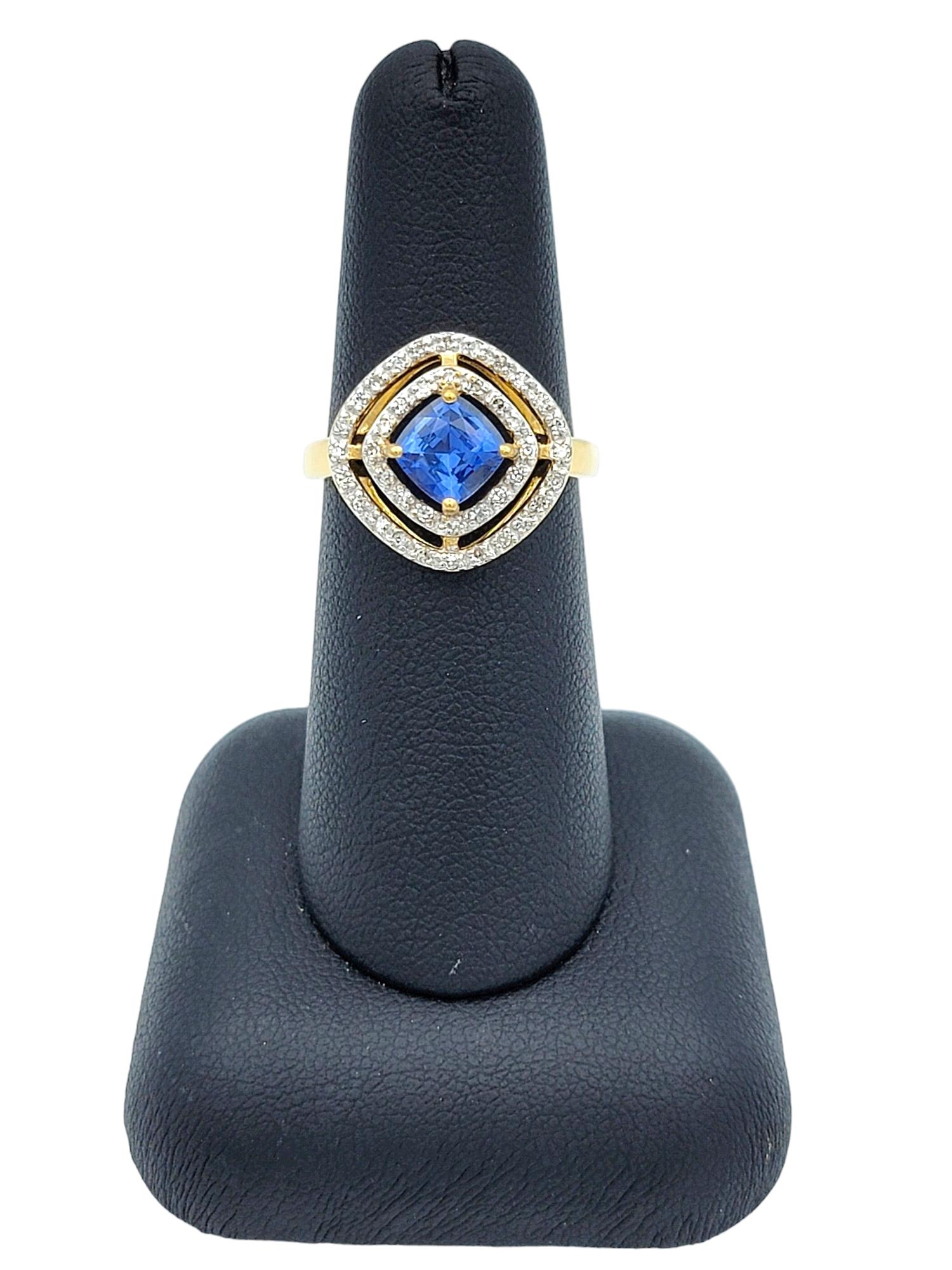 Cushion Sapphire and Double Diamond Halo Cocktail Ring in 18 Karat Yellow Gold For Sale 4