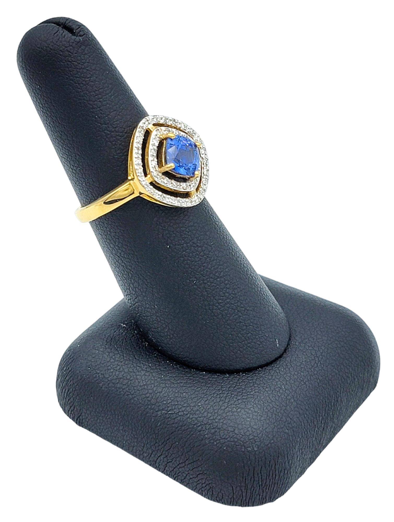 Cushion Sapphire and Double Diamond Halo Cocktail Ring in 18 Karat Yellow Gold For Sale 5