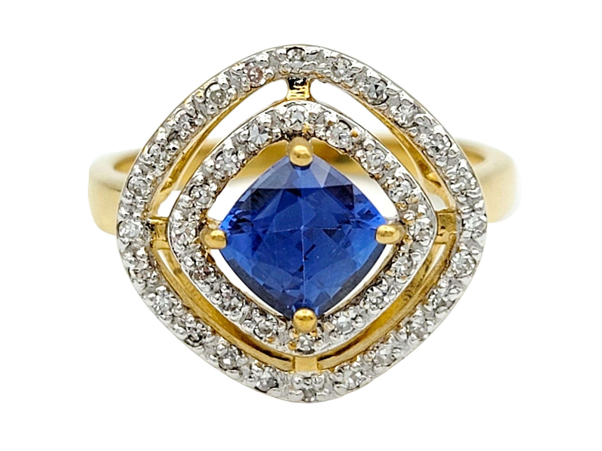 Cushion Cut Cushion Sapphire and Double Diamond Halo Cocktail Ring in 18 Karat Yellow Gold For Sale
