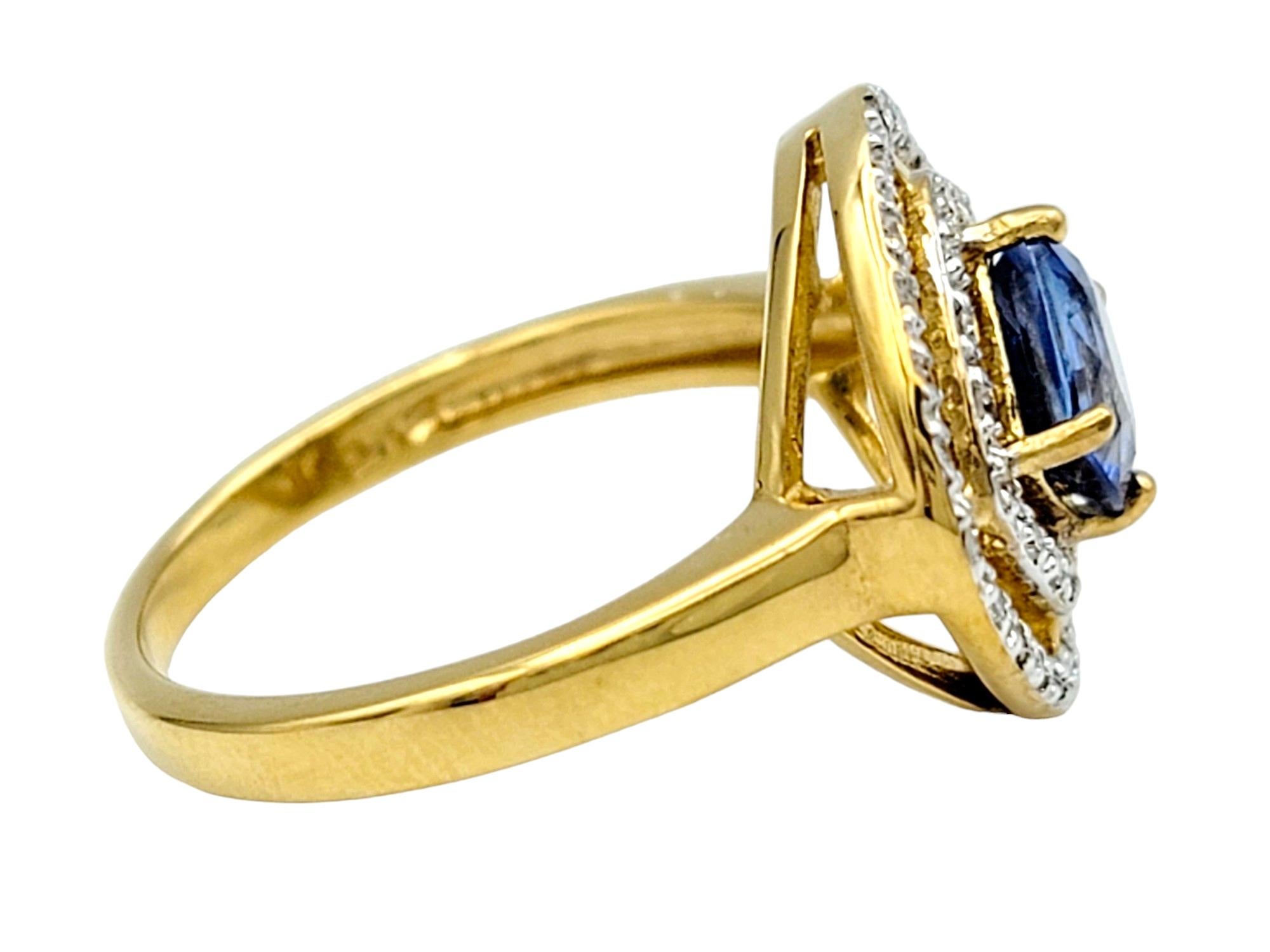 Women's Cushion Sapphire and Double Diamond Halo Cocktail Ring in 18 Karat Yellow Gold For Sale