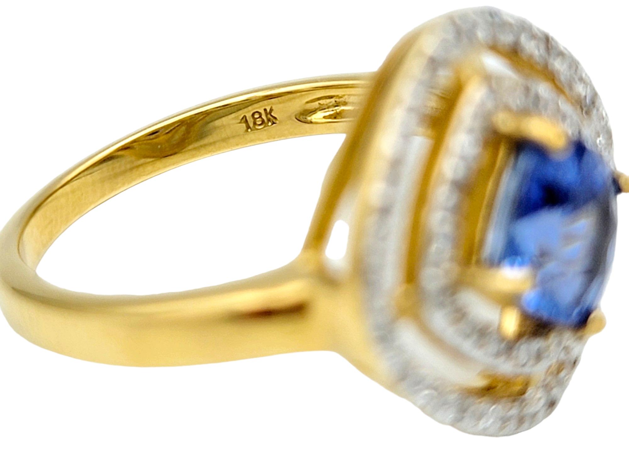 Cushion Sapphire and Double Diamond Halo Cocktail Ring in 18 Karat Yellow Gold For Sale 1