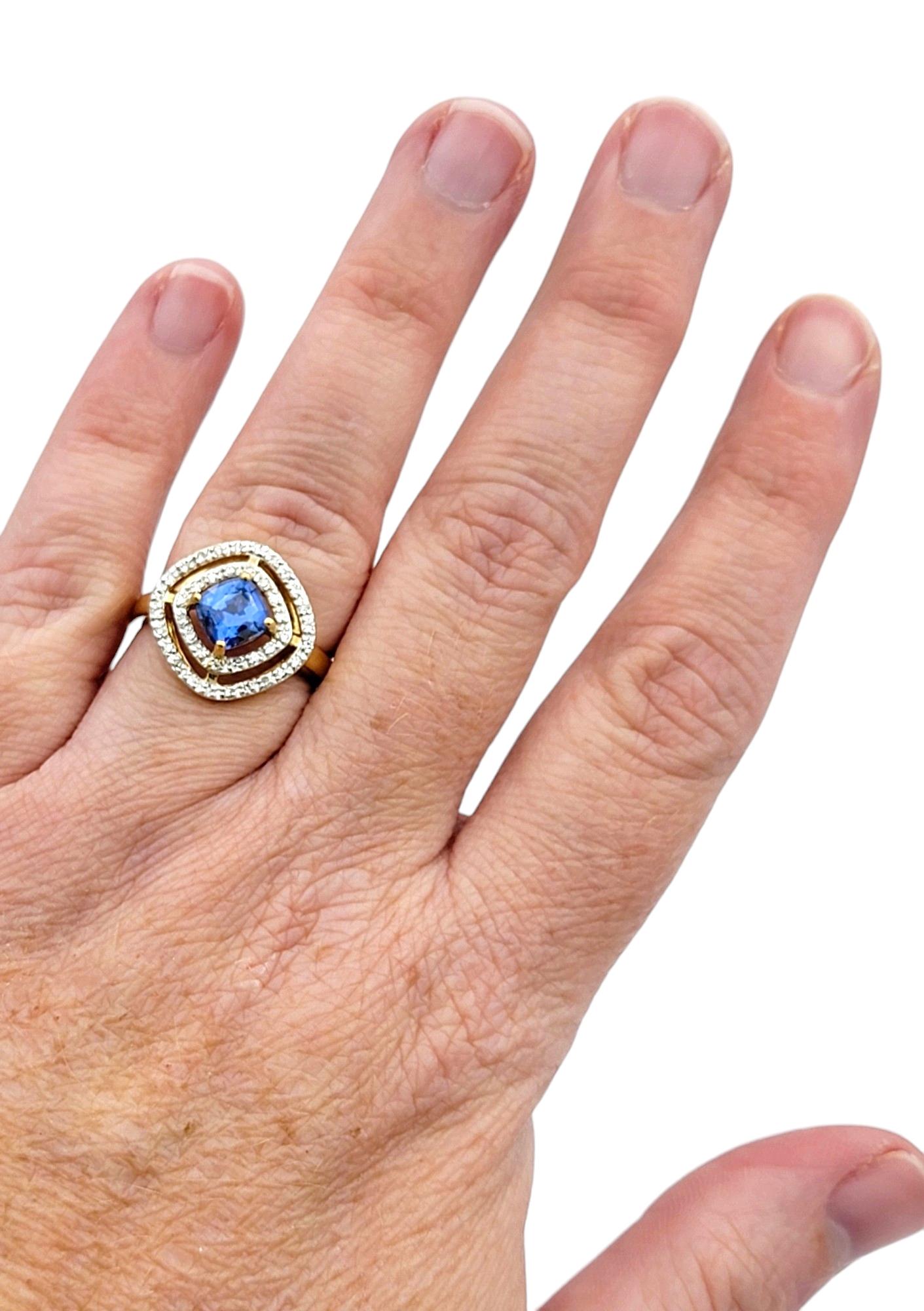 Cushion Sapphire and Double Diamond Halo Cocktail Ring in 18 Karat Yellow Gold For Sale 2