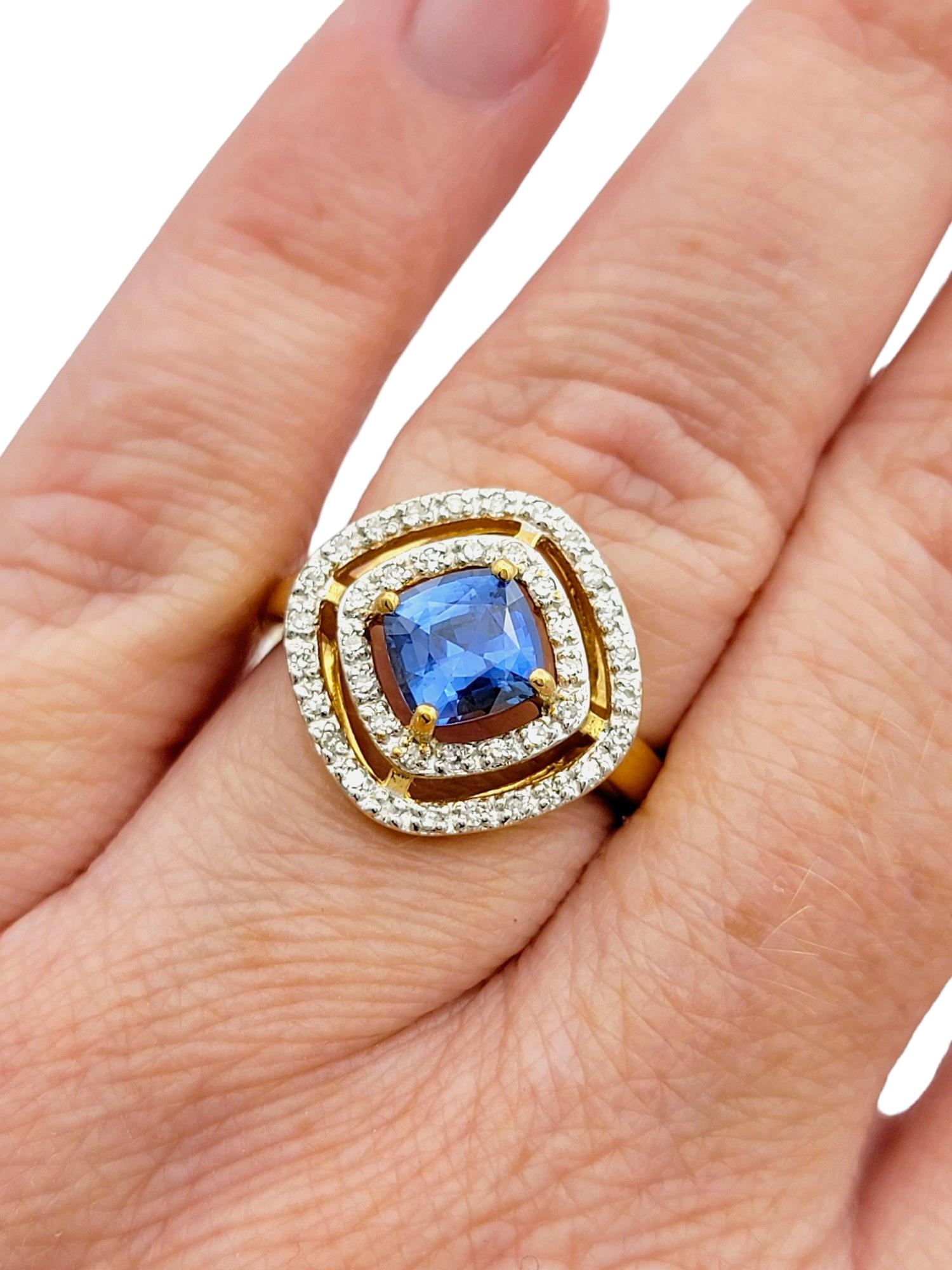 Cushion Sapphire and Double Diamond Halo Cocktail Ring in 18 Karat Yellow Gold For Sale 3