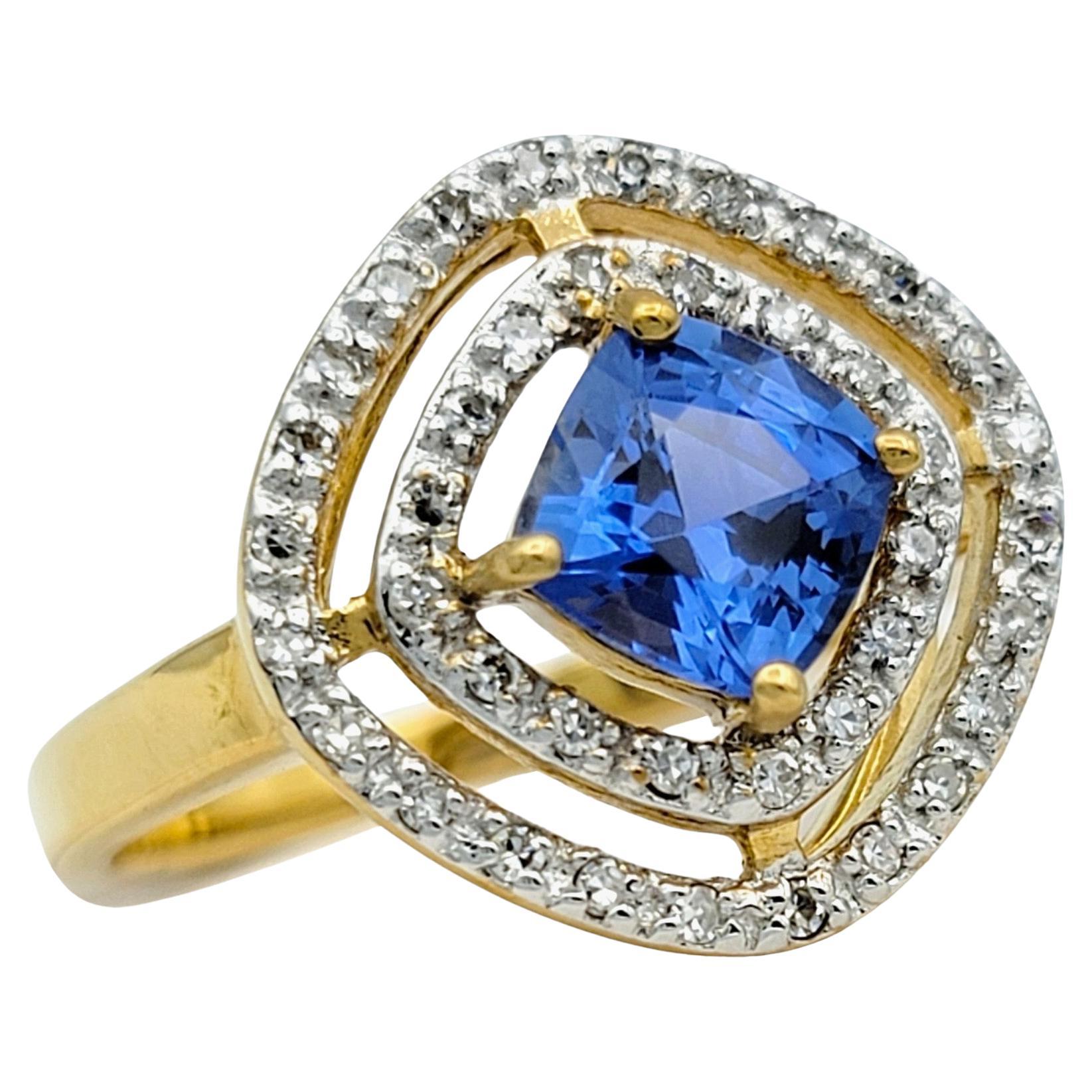 Cushion Sapphire and Double Diamond Halo Cocktail Ring in 18 Karat Yellow Gold For Sale