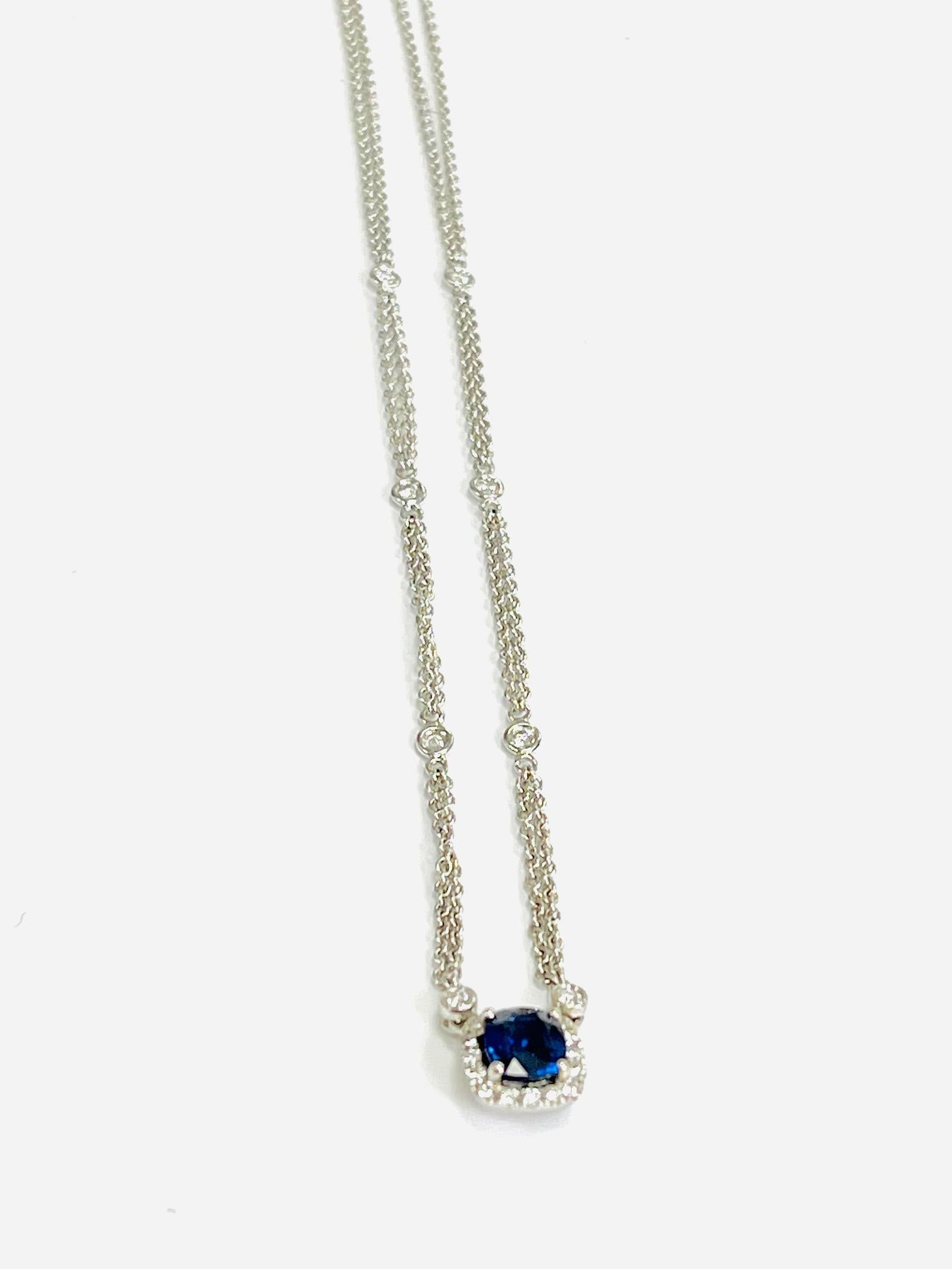 Cushion Sapphire Diamond Pendant Necklace In New Condition For Sale In New York, NY