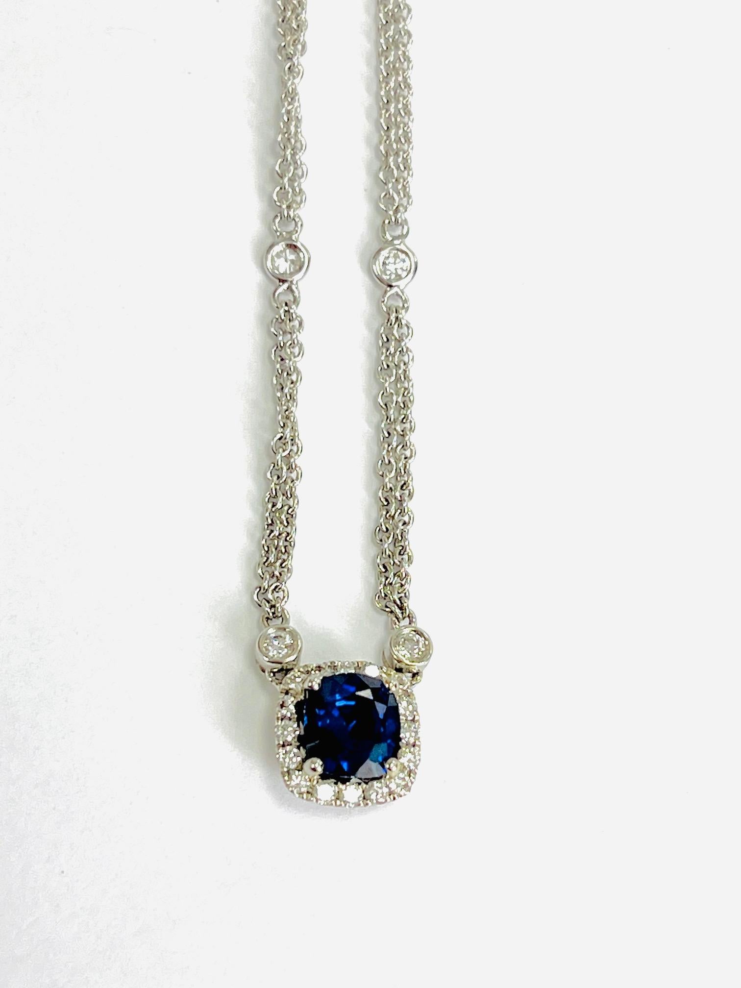Cushion Cut Cushion Sapphire Diamond Pendant Necklace For Sale