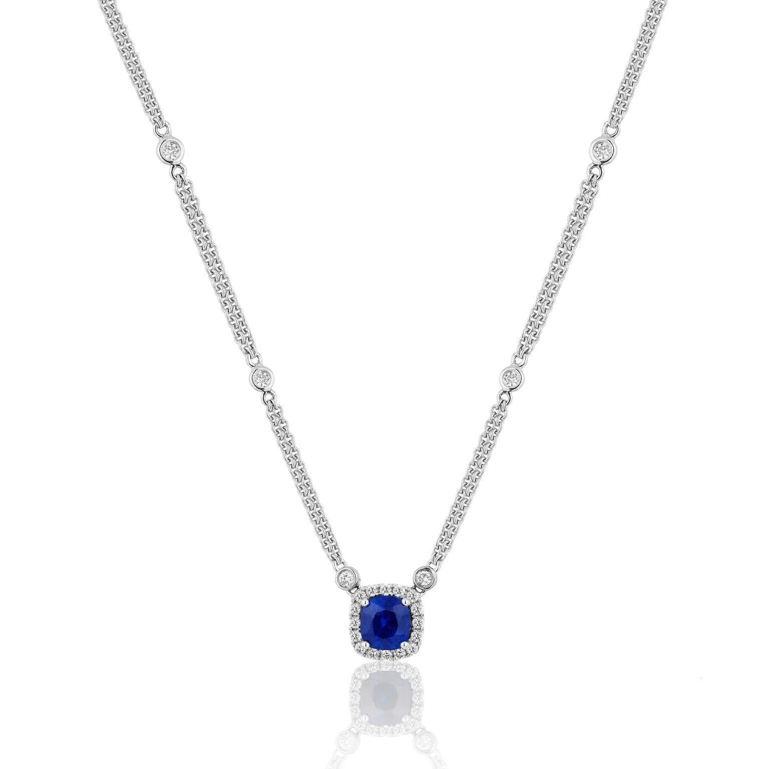 Modern Cushion Sapphire Diamond Pendant Necklace For Sale