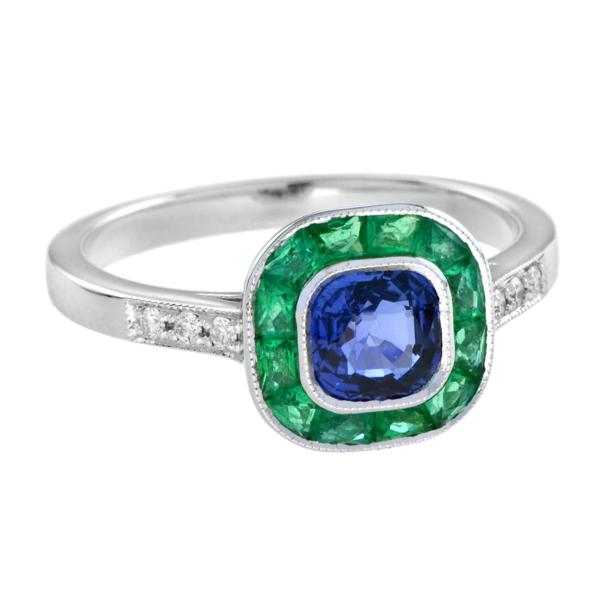 This stunning halo ring sparkles in lustrous 18k white gold and features a cushion cut blue sapphire at the center with French cut emerald in beautiful halo designs. Adorn yourself with an Art Deco inspired jewelry in every occasion in your colorful