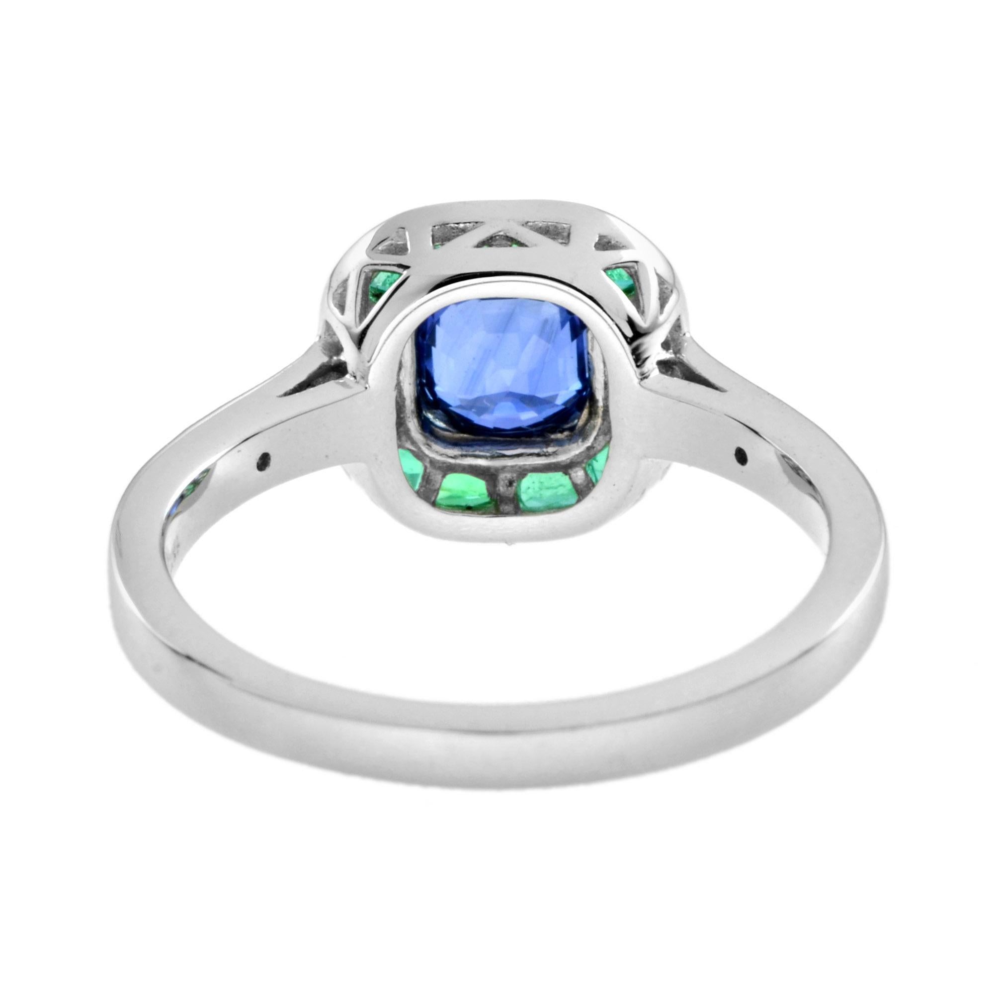 Taglio cuscino Cushion Sapphire & Emerald Diamond Art Deco Style Halo 18K White Gold Ring in vendita