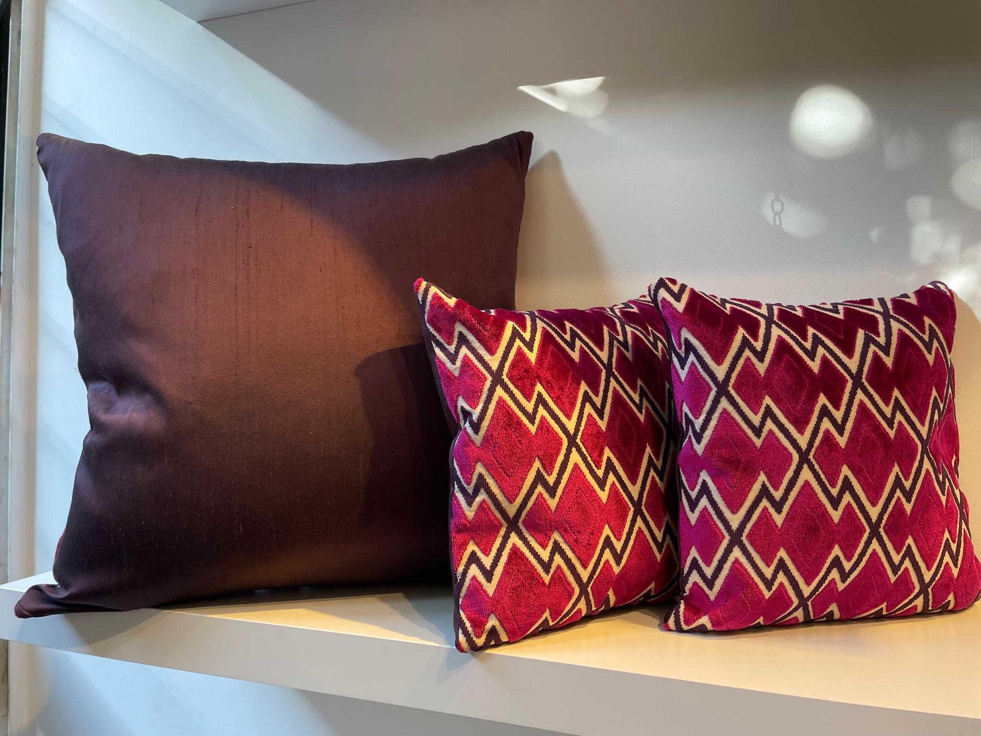 German Cushion Set in Dedar Velvet Color Fuchsia and Dark Aubergine For Sale