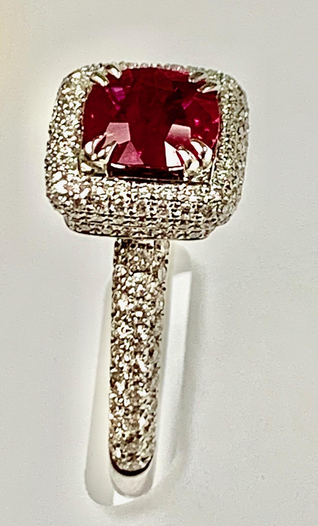 Modern Cushion Shape 1.28 Carat Burma Ruby and Diamond Pave Cocktail Ring For Sale