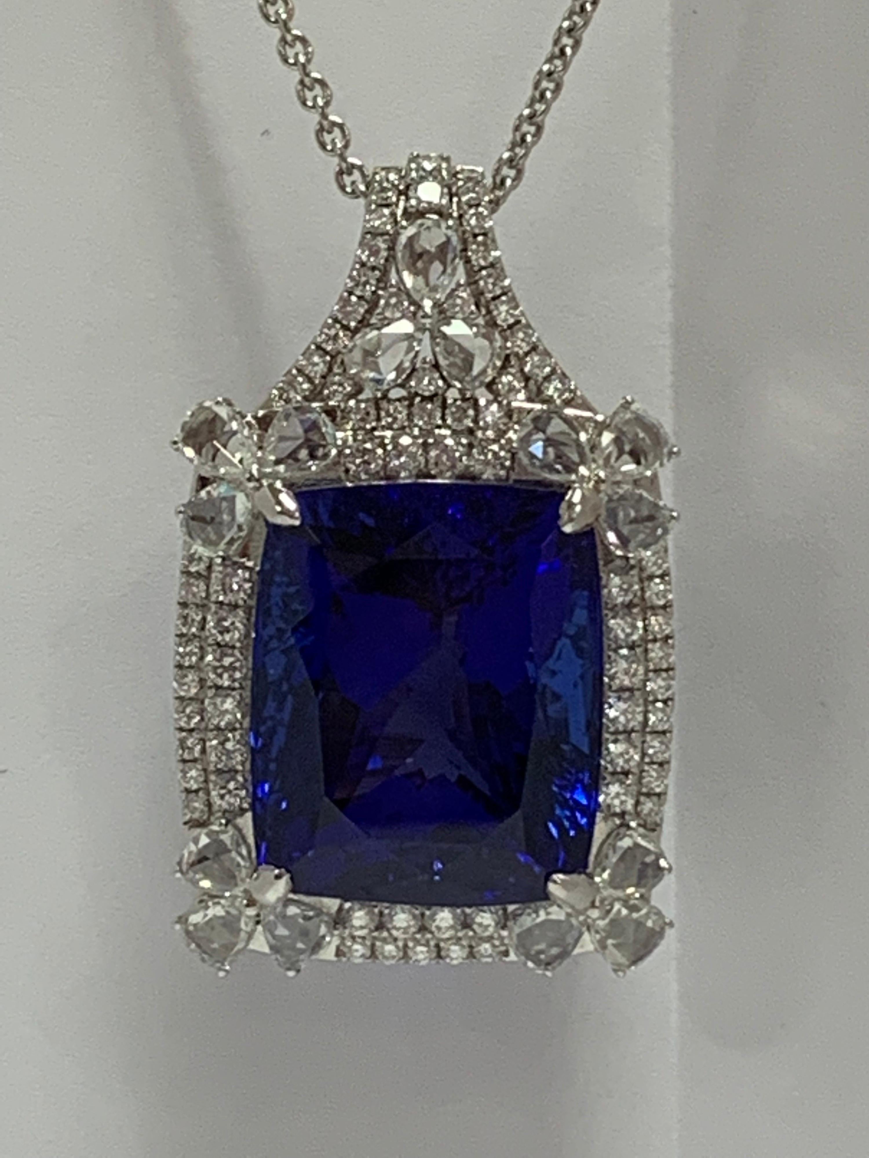 Cushion Shape 51.72 Carat Tanzanite and Diamonds Pendant In Excellent Condition In Trumbull, CT