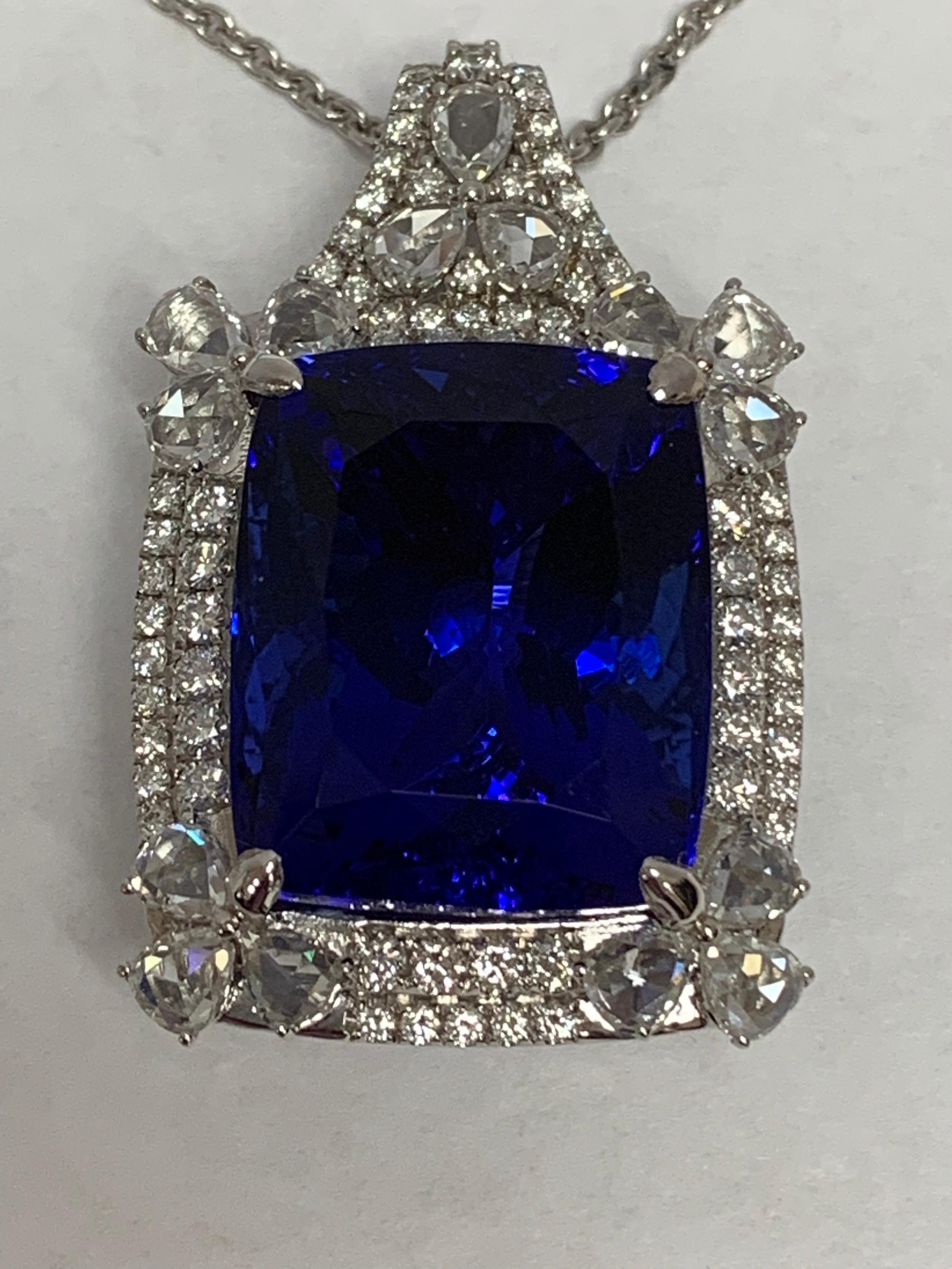 Cushion Shape 51.72 Carat Tanzanite and Diamonds Pendant 1