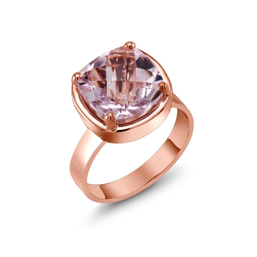 Sterling silver solitaire ring, rose gold plated  
Cushion shaped amethyst weighing 5 carat
Amethyst measuring 10 millimeter 
Ring finger size 5.5
New Ring
The ring cannot be resized
Rose gold plated 
Handmade in the USA
