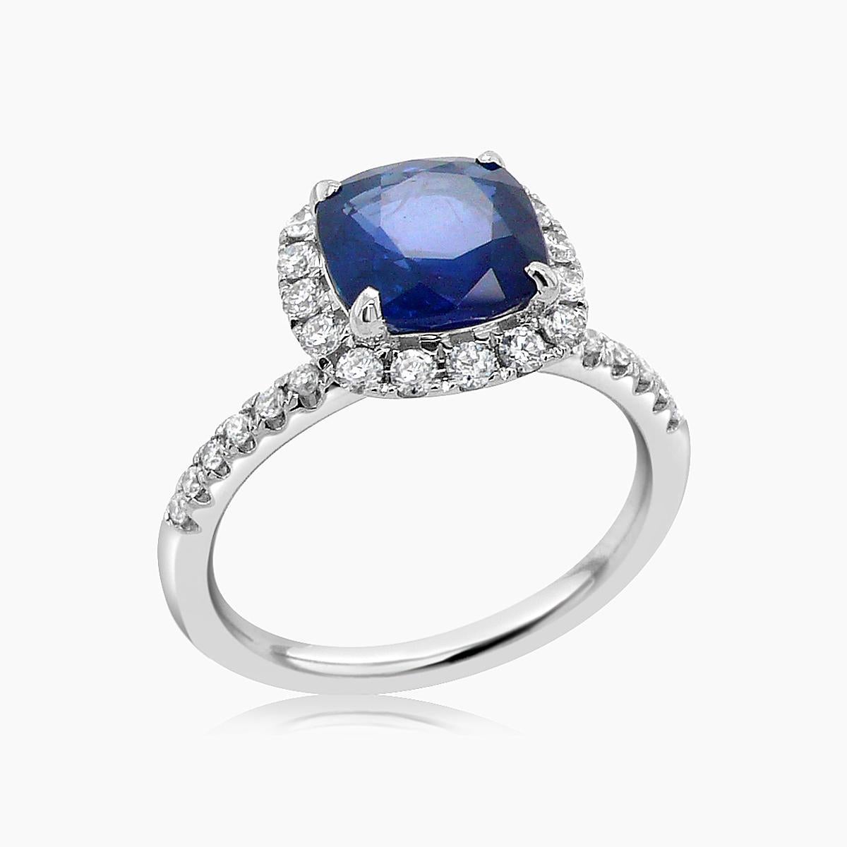 Cushion Shape Blue Sapphire & White Diamond Halo 18K White Gold Ring In New Condition For Sale In Oakton, VA