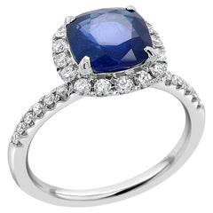 Cushion Shape Blue Sapphire & White Diamond Halo 18K White Gold Ring