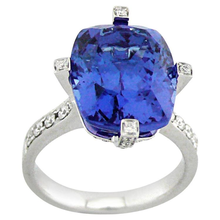 Cushion Shape Blue Tanzanite & White Diamond 18K White Gold Ring