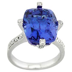 Cushion Shape Blue Tanzanite & White Diamond 18K White Gold Ring