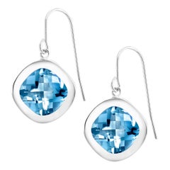 Cushion Shape Blue Topaz Bezel Set Drop Hoop Silver Earrings