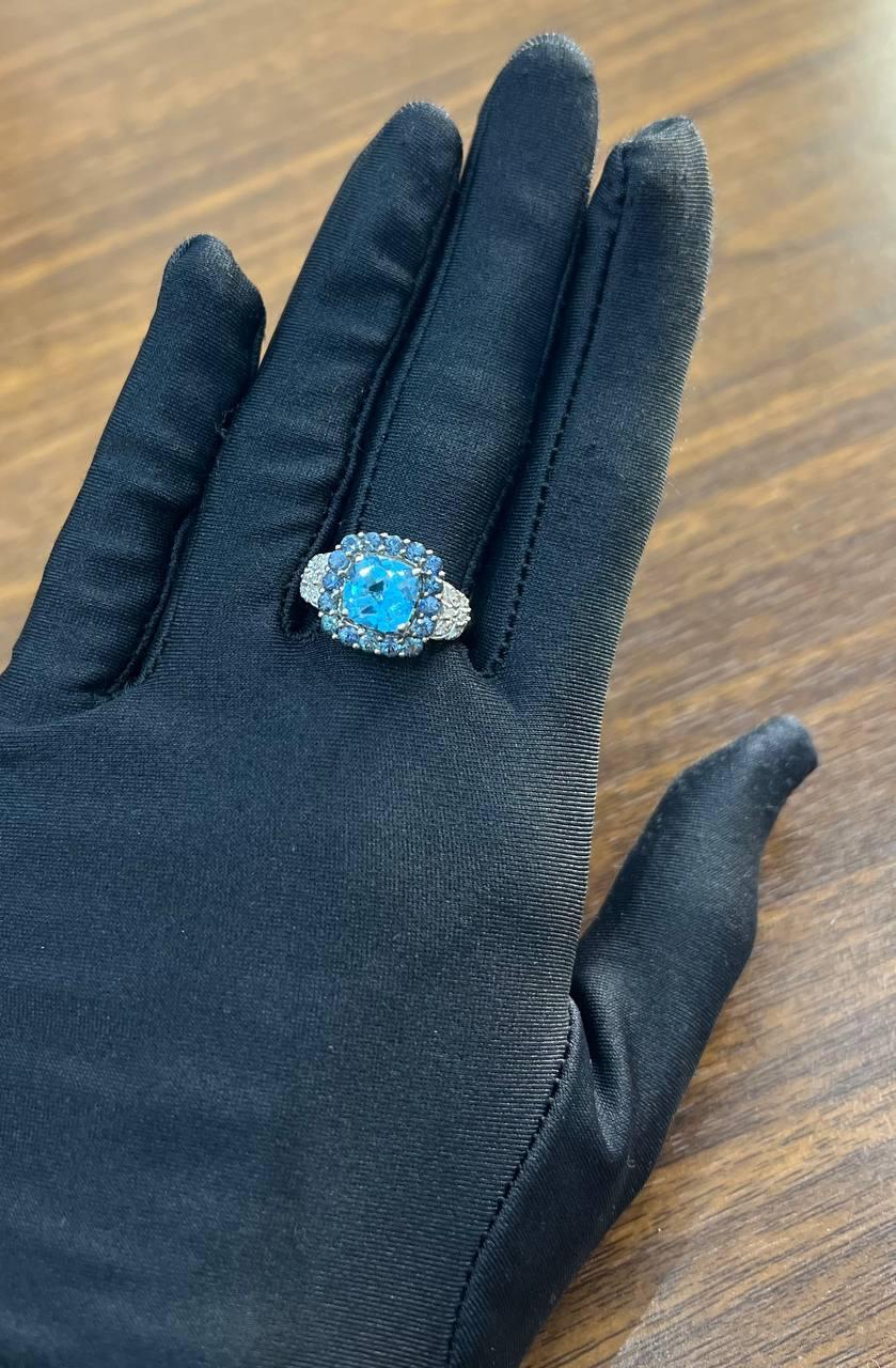 Cushion Shape Blue Topaz Halo Diamonds Pave 14K White Gold Unique Statement Ring For Sale 6