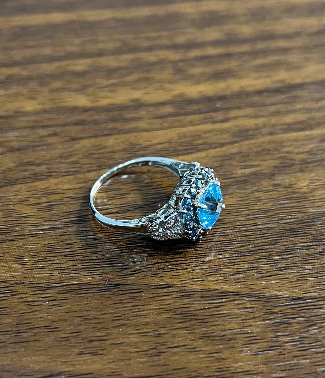Cushion Cut Cushion Shape Blue Topaz Halo Diamonds Pave 14K White Gold Unique Statement Ring For Sale